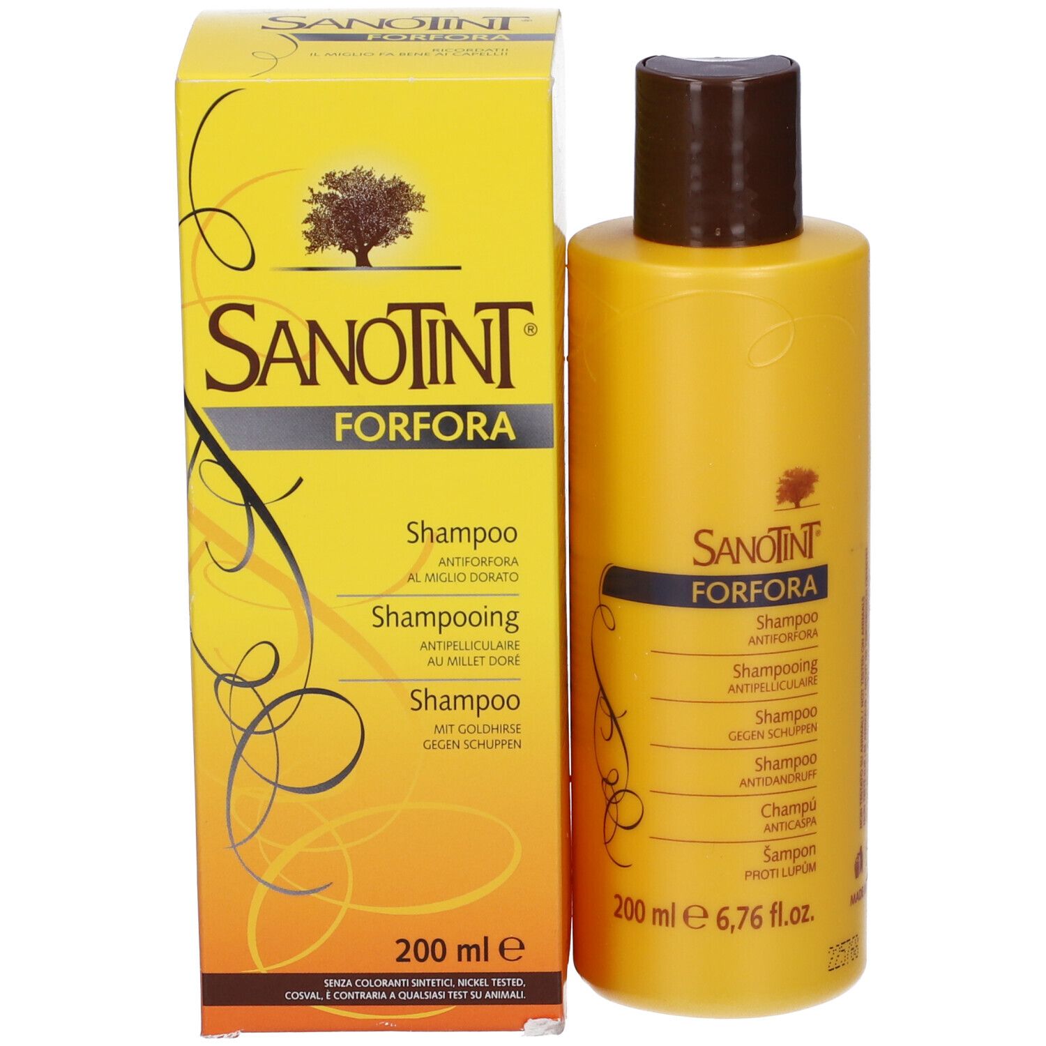 Flacone e scatola di shampoo gialli. Scritta: Sanotint Forfora Shampoo. 200 ml.