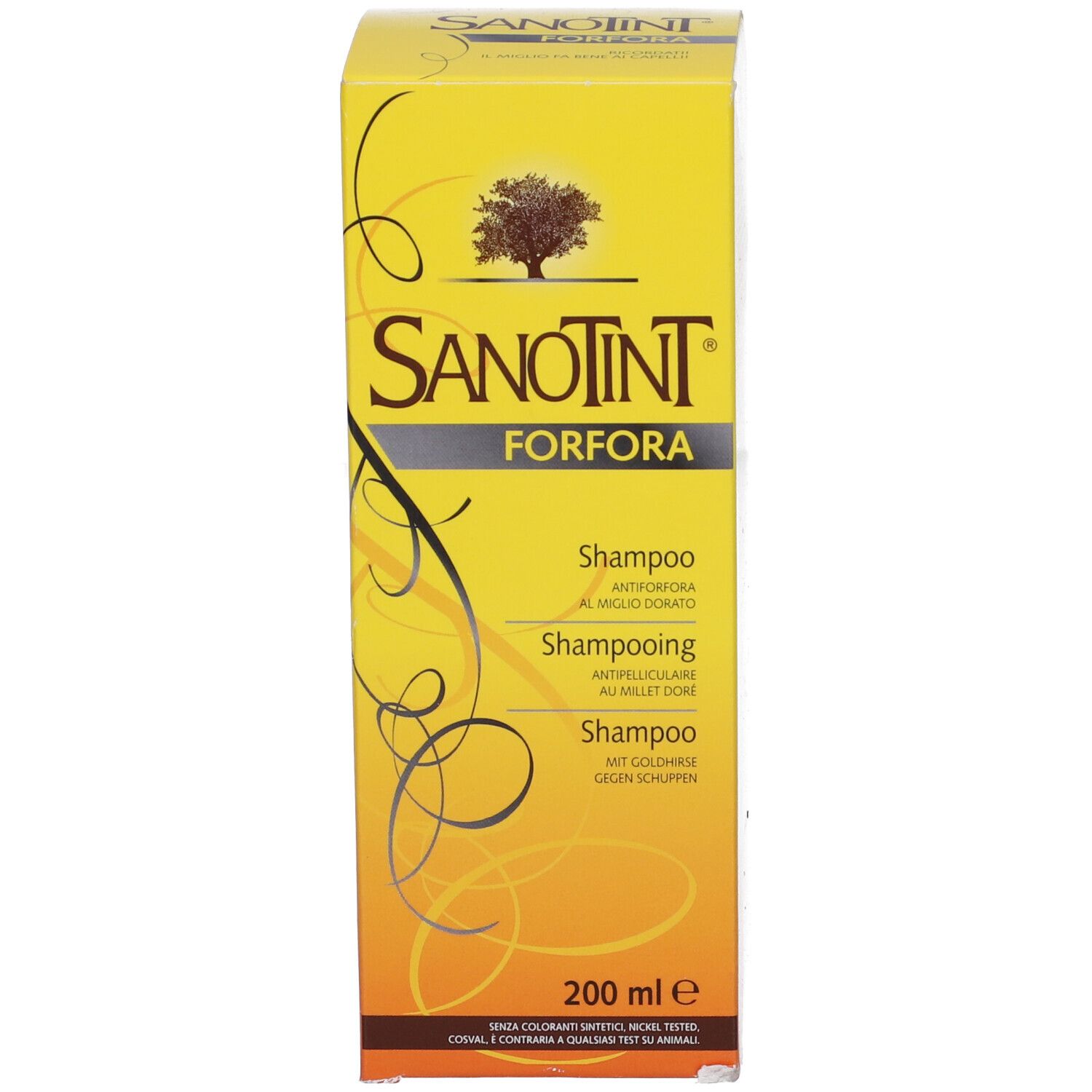 Scatola gialla con scritta: Sanotint Forfora Shampoo. 200 ml.