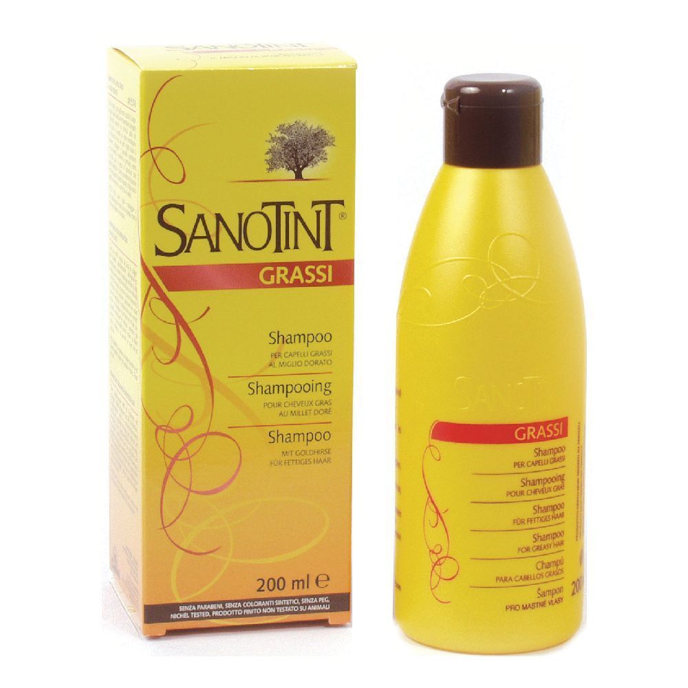 Flacone e scatola gialli di shampoo Sanotint. Scritto: GRASSI, shampoo per capelli grassi. 200 ml.