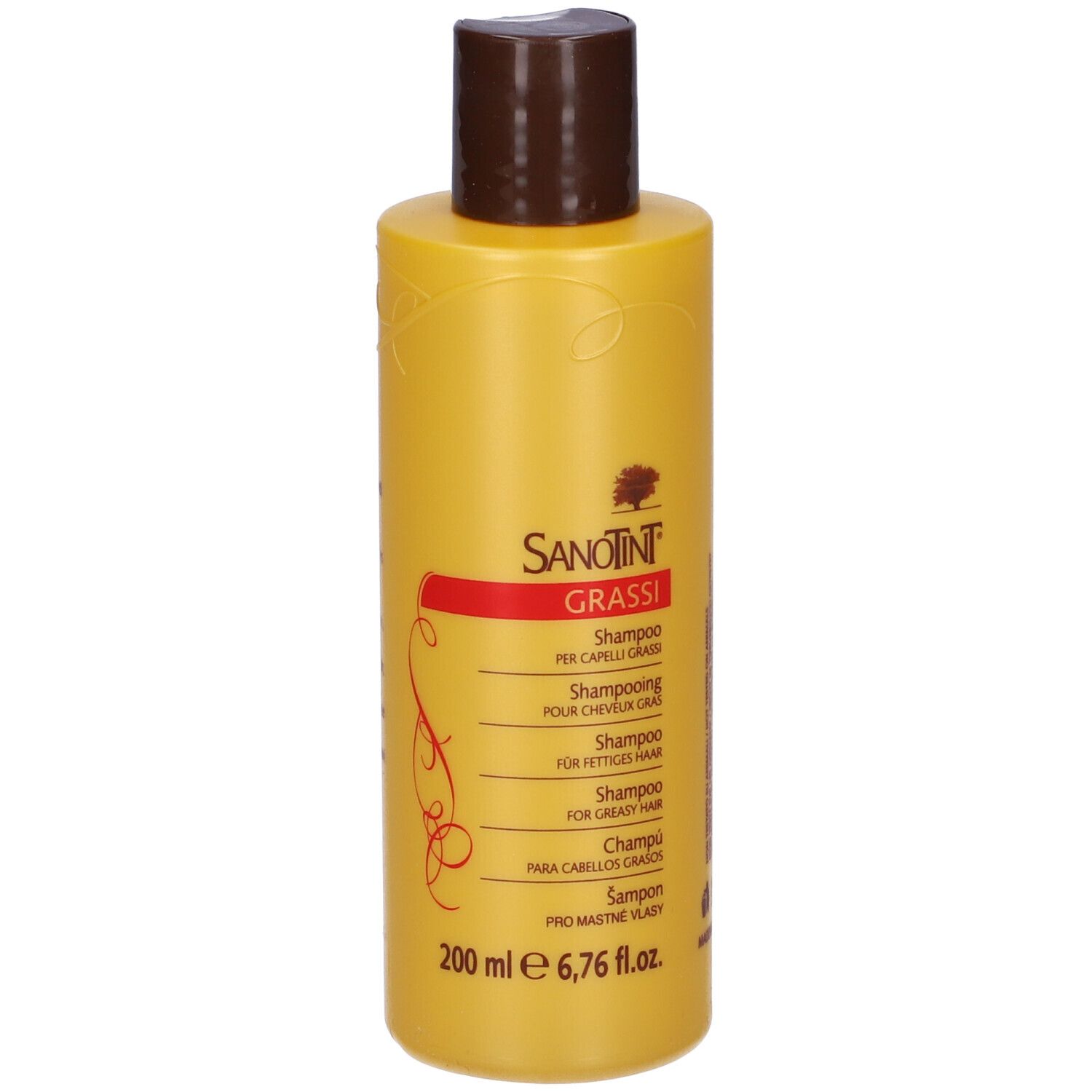 Flacone giallo di shampoo Sanotint. Scritto: GRASSI, shampoo per capelli grassi. 200 ml.