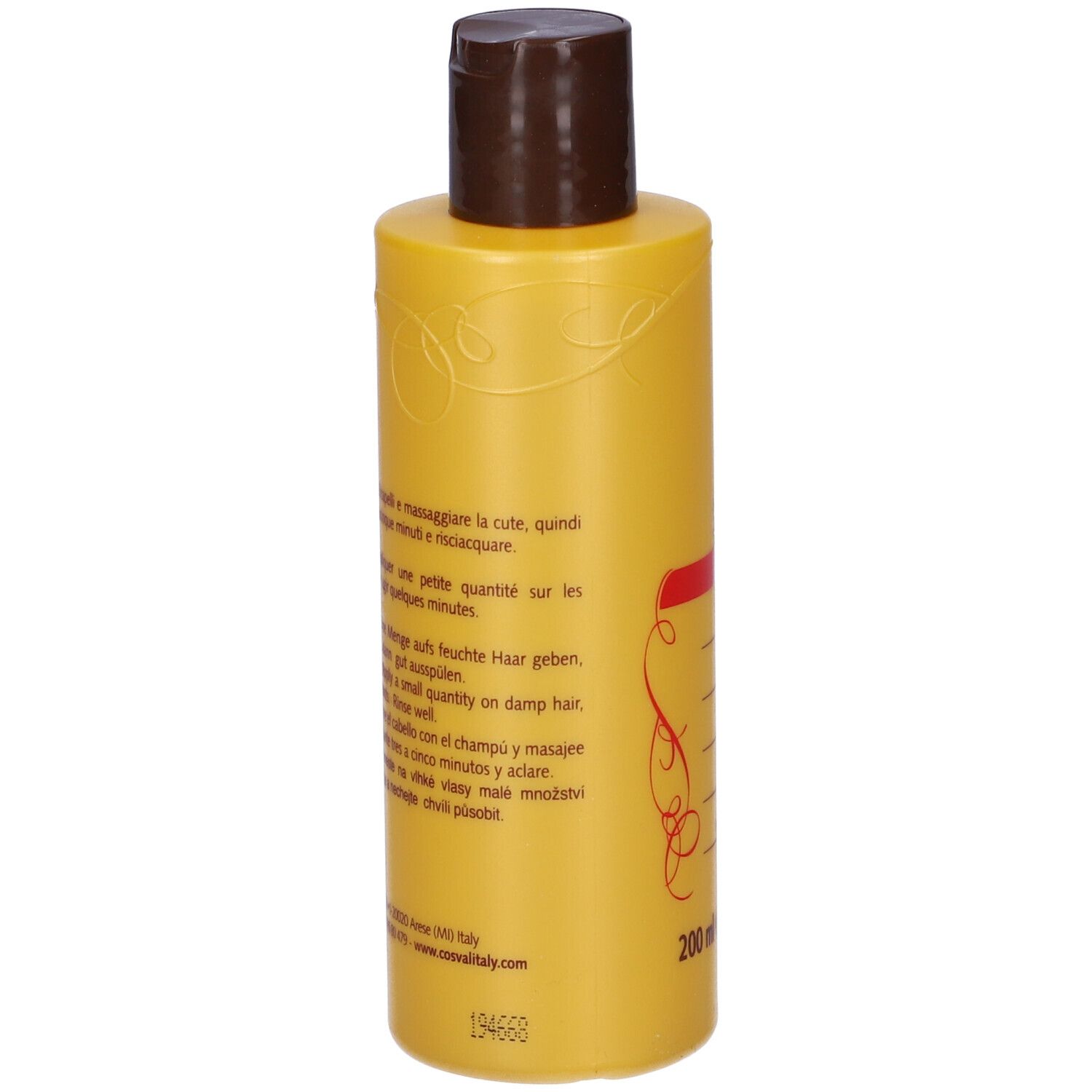 Retro del flacone di shampoo Sanotint giallo. Testo: istruzioni per l'uso in più lingue.