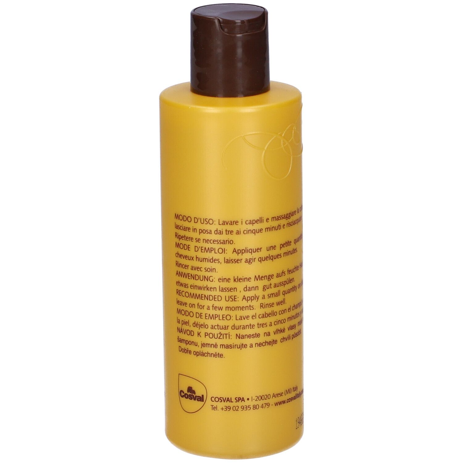 Retro del flacone di shampoo Sanotint giallo. Testo: istruzioni per l'uso in più lingue.