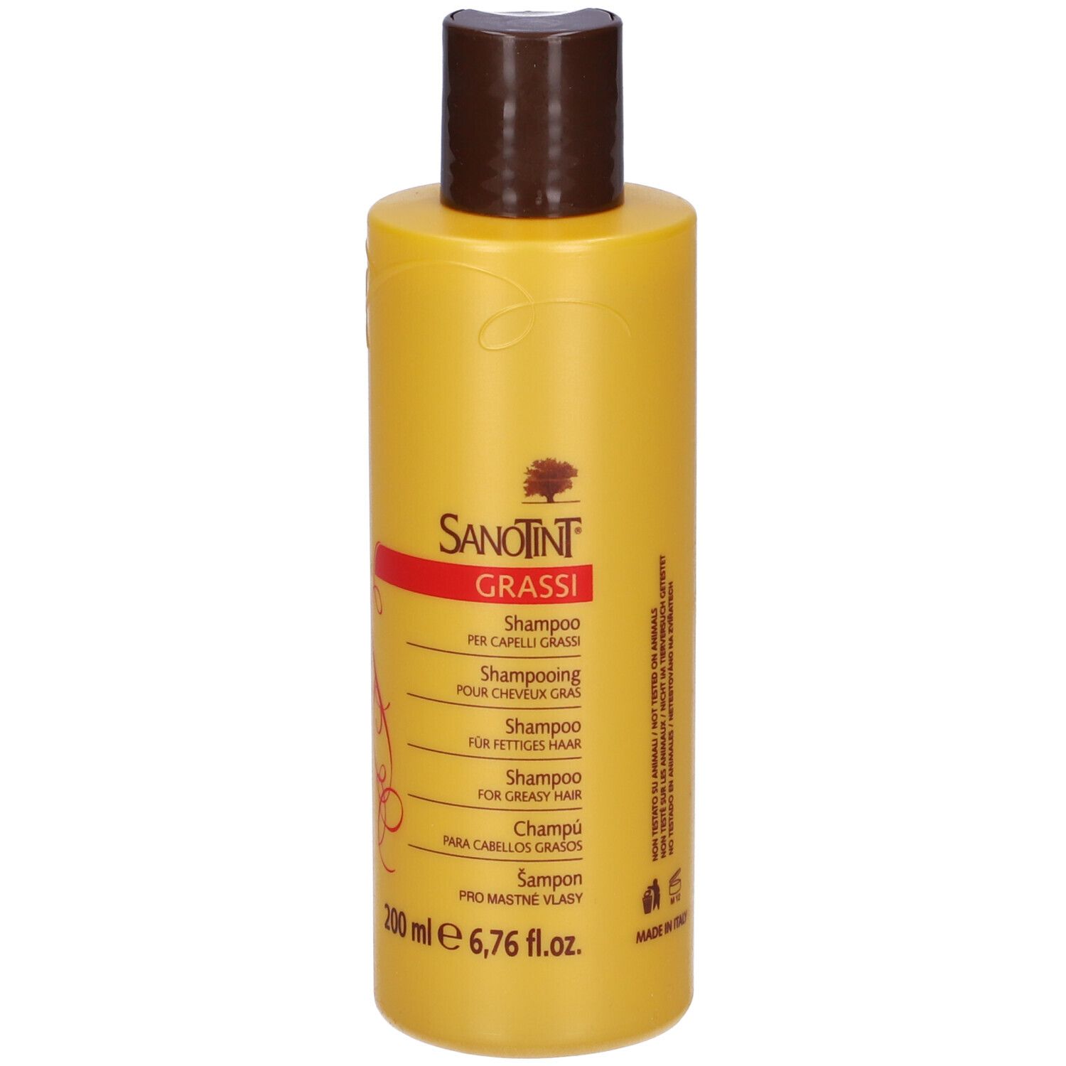 Flacone giallo di shampoo Sanotint. Scritto: GRASSI, shampoo per capelli grassi. 200 ml.