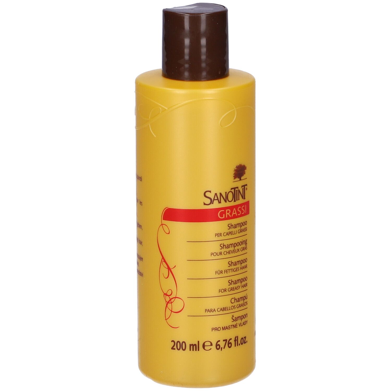 Flacone giallo di shampoo Sanotint. Scritto: GRASSI, shampoo per capelli grassi. 200 ml.