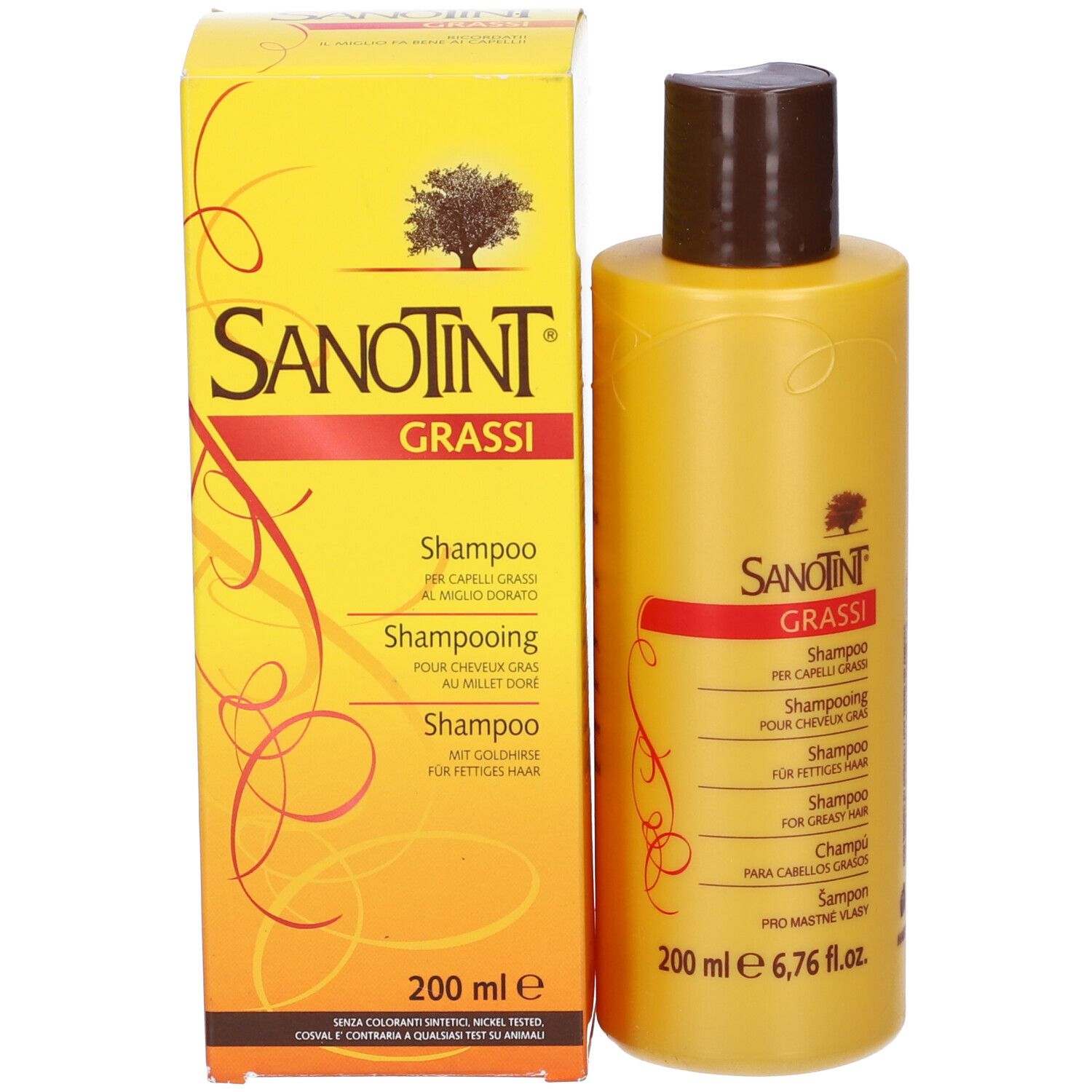Flacone e scatola gialli di shampoo Sanotint. Scritto: GRASSI, shampoo per capelli grassi. 200 ml.