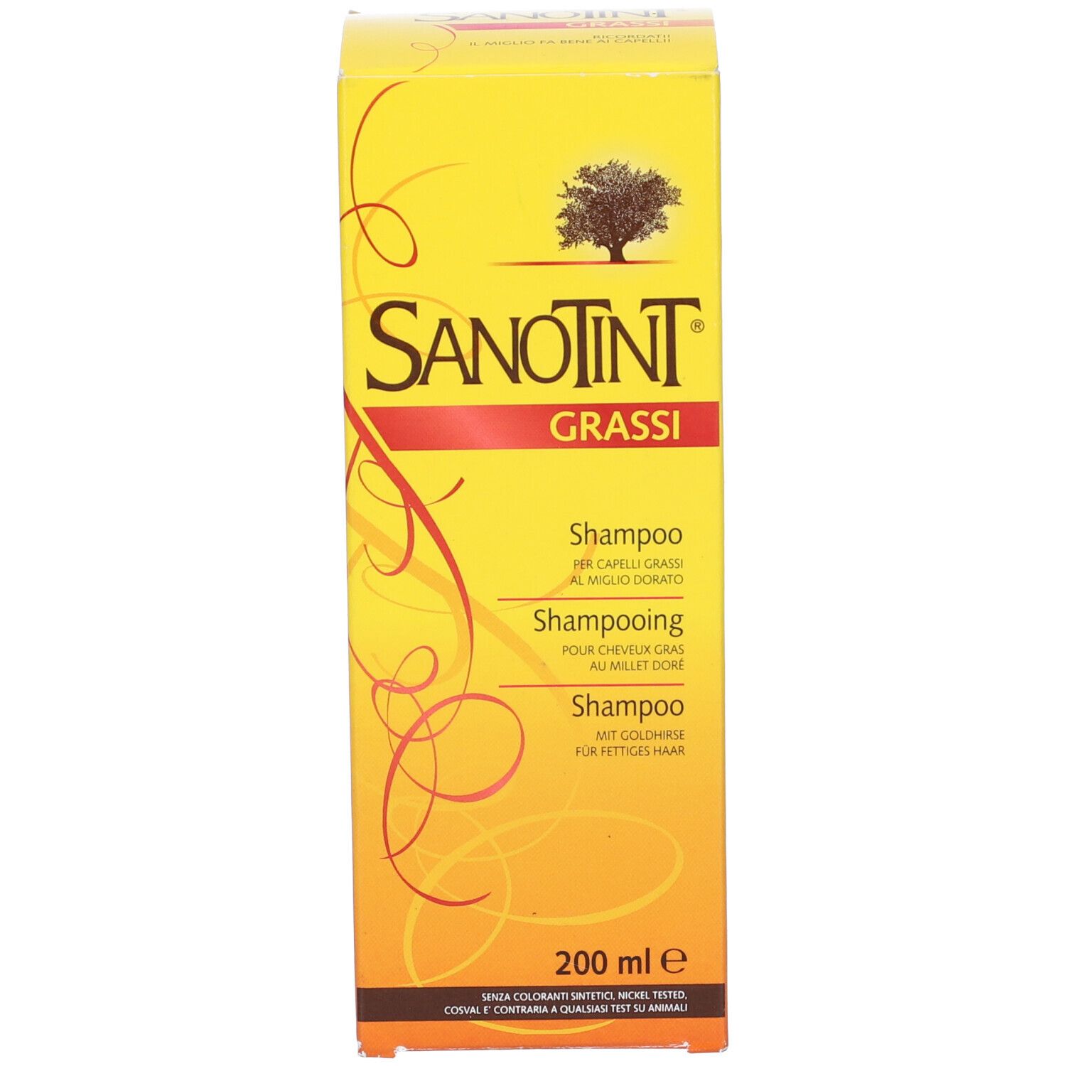 Scatola gialla di shampoo Sanotint. Scritto: GRASSI, shampoo per capelli grassi. 200 ml.