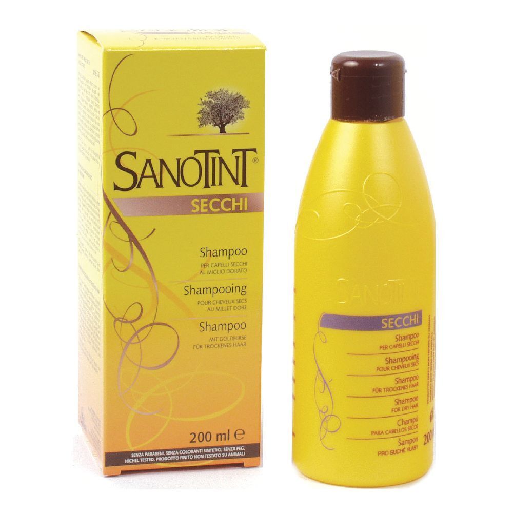 Flacone e scatola di shampoo gialli. Scritto: Sanotint, Secchi, Shampoo. 200 ml.
