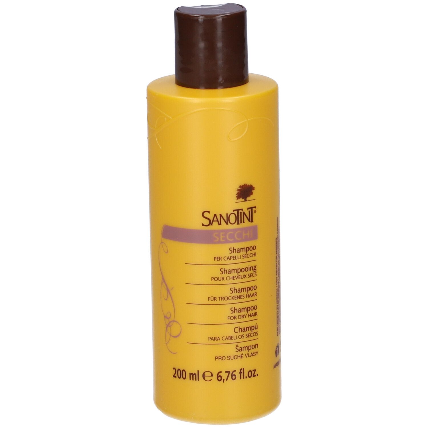 Flacone di shampoo giallo con tappo marrone. Scritto: Sanotint, Secchi, Shampoo. 200 ml.