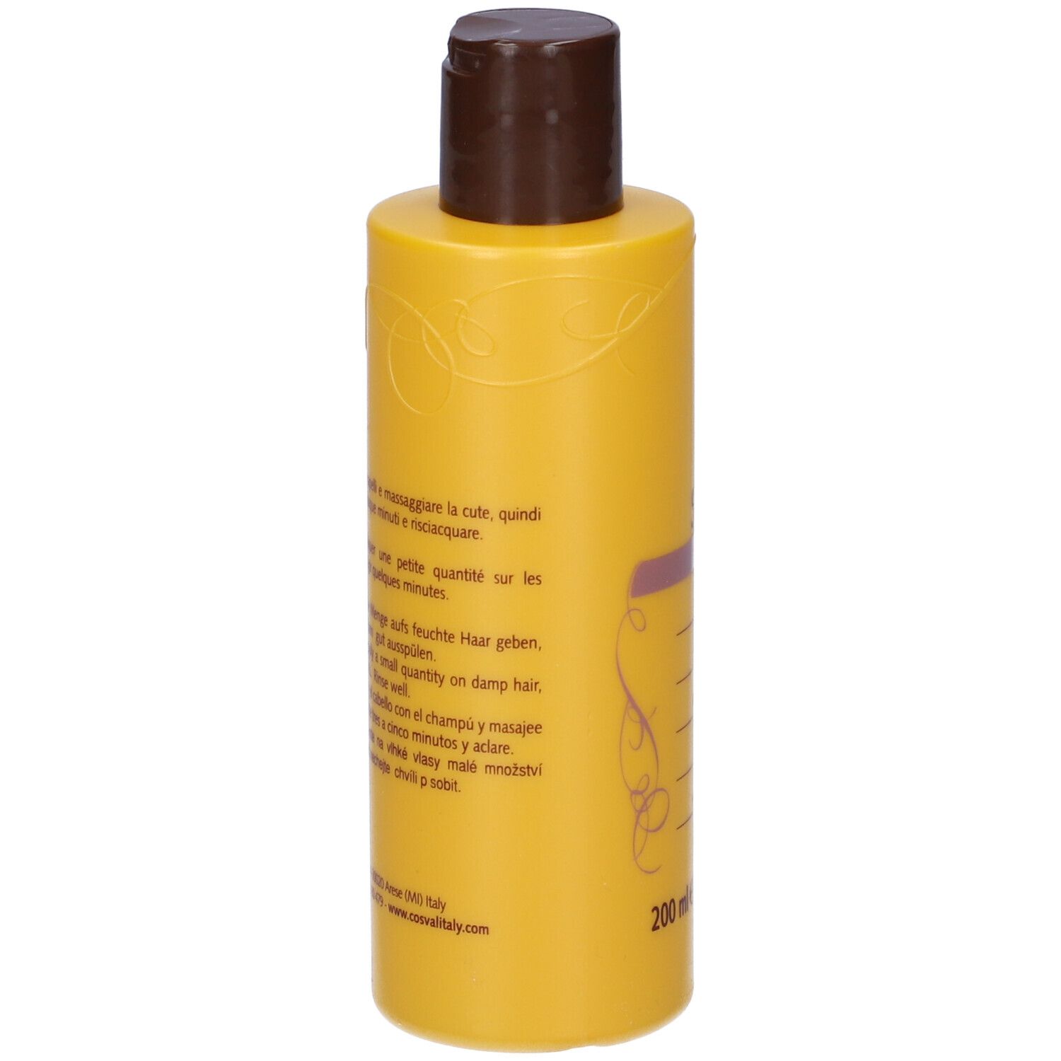 Retro del flacone di shampoo giallo. Testo in più lingue. 200 ml.