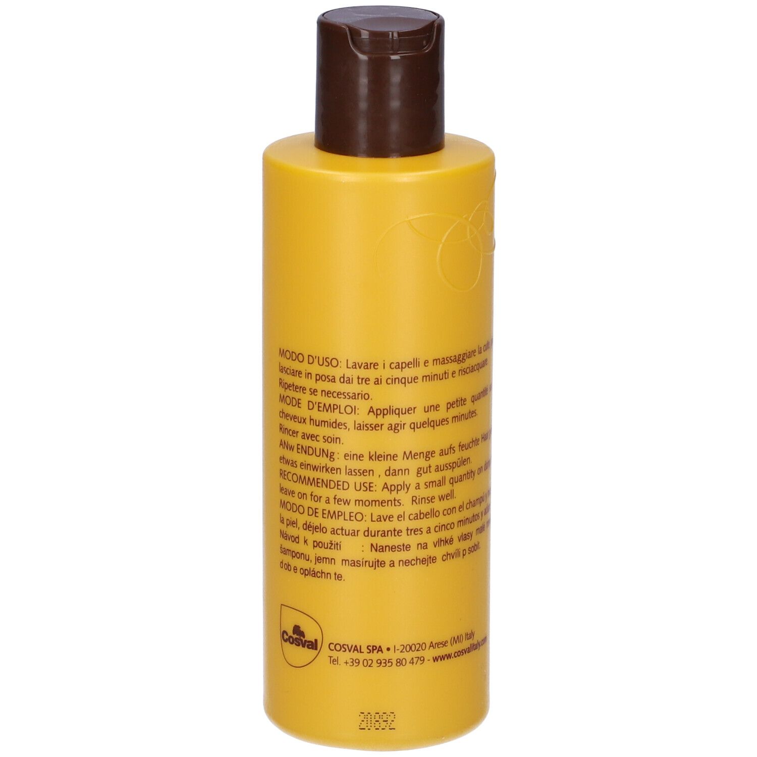 Retro del flacone di shampoo giallo. Testo in più lingue. 200 ml.