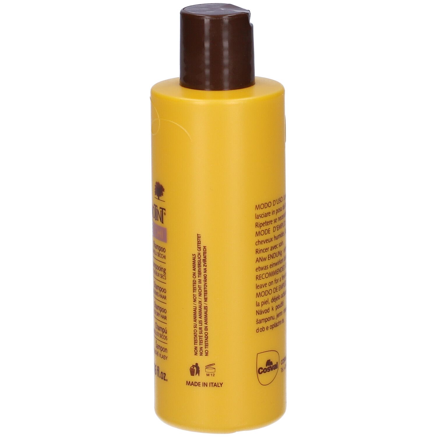 Retro del flacone di shampoo giallo. Testo in più lingue. 200 ml.