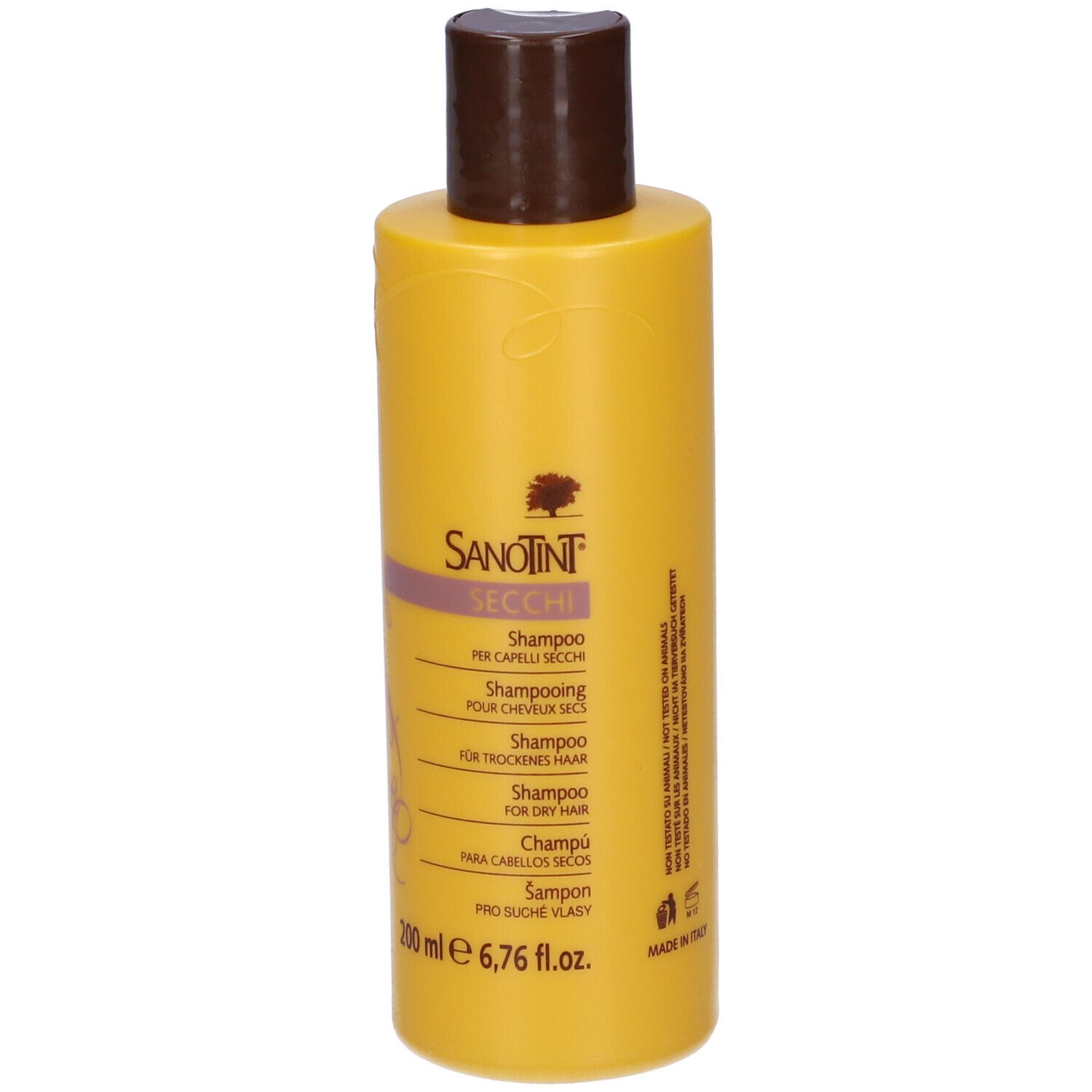 Flacone di shampoo giallo con tappo marrone. Scritto: Sanotint, Secchi, Shampoo. 200 ml.