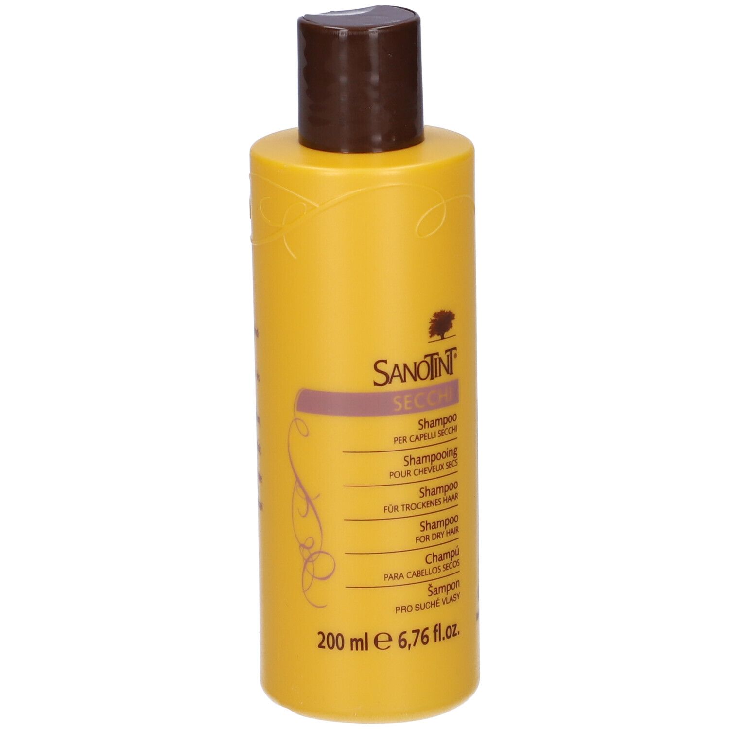 Flacone di shampoo giallo con tappo marrone. Scritto: Sanotint, Secchi, Shampoo. 200 ml.