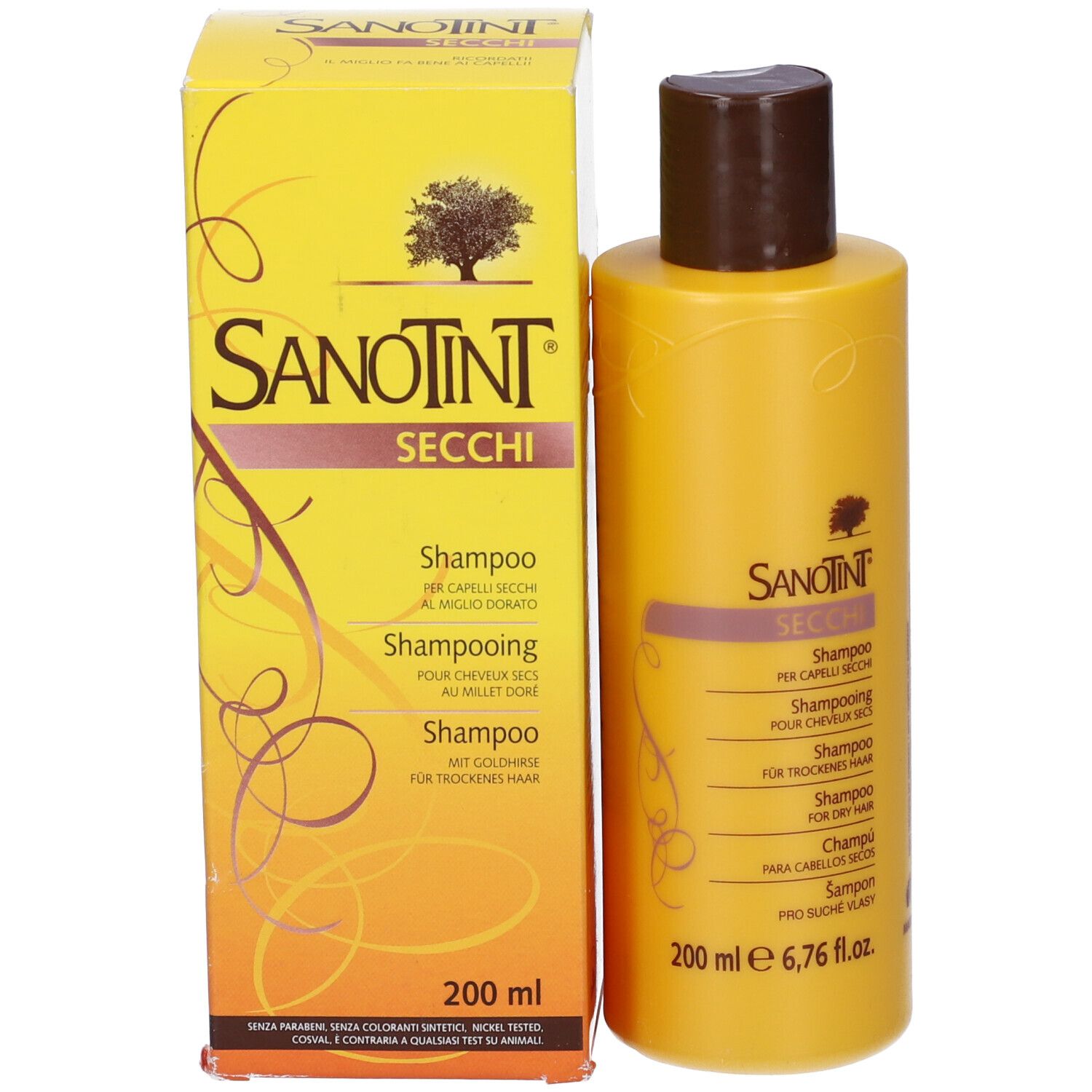 Flacone e scatola di shampoo gialli. Scritto: Sanotint, Secchi, Shampoo. 200 ml.