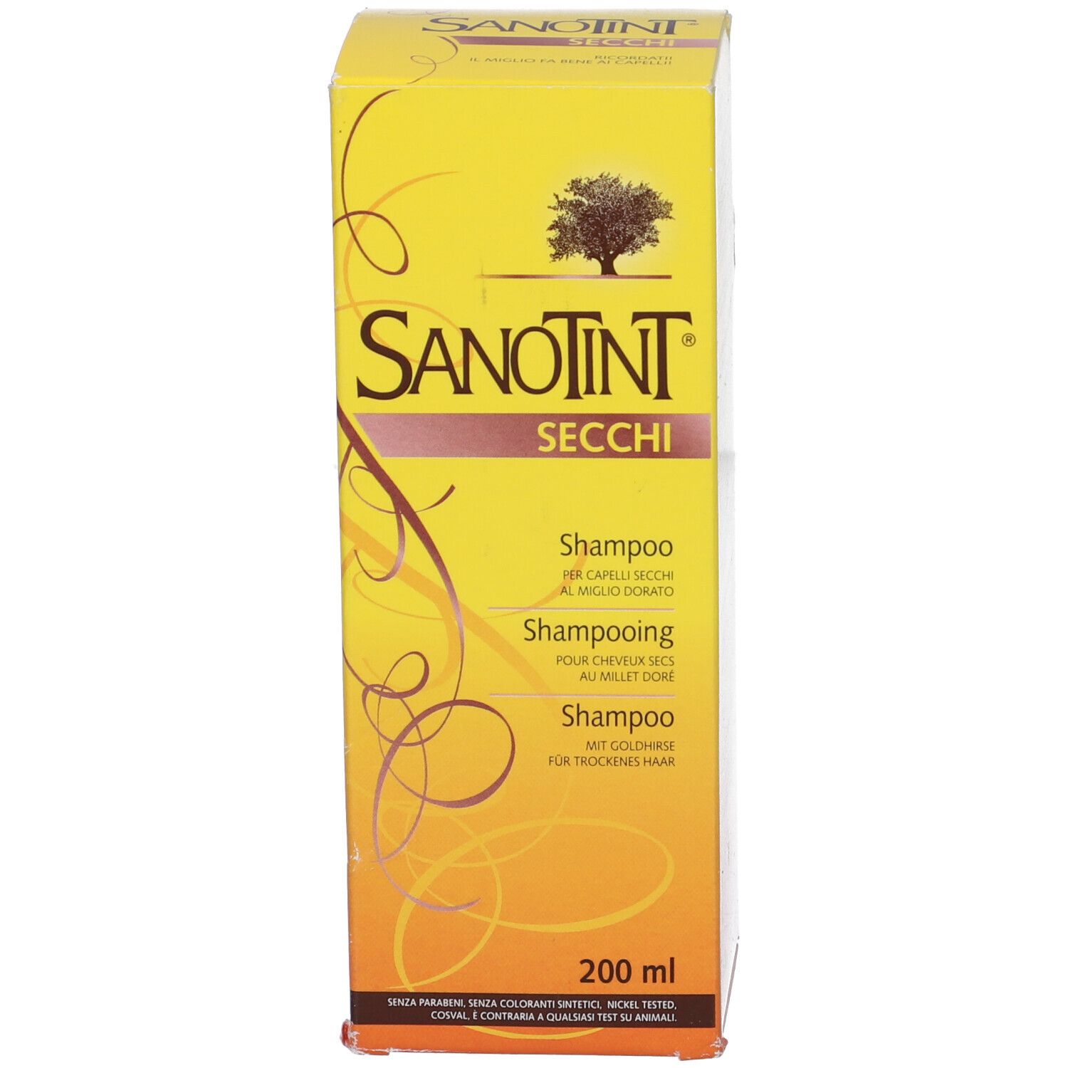Scatola di shampoo gialla. Scritto: Sanotint, Secchi, Shampoo. 200 ml.