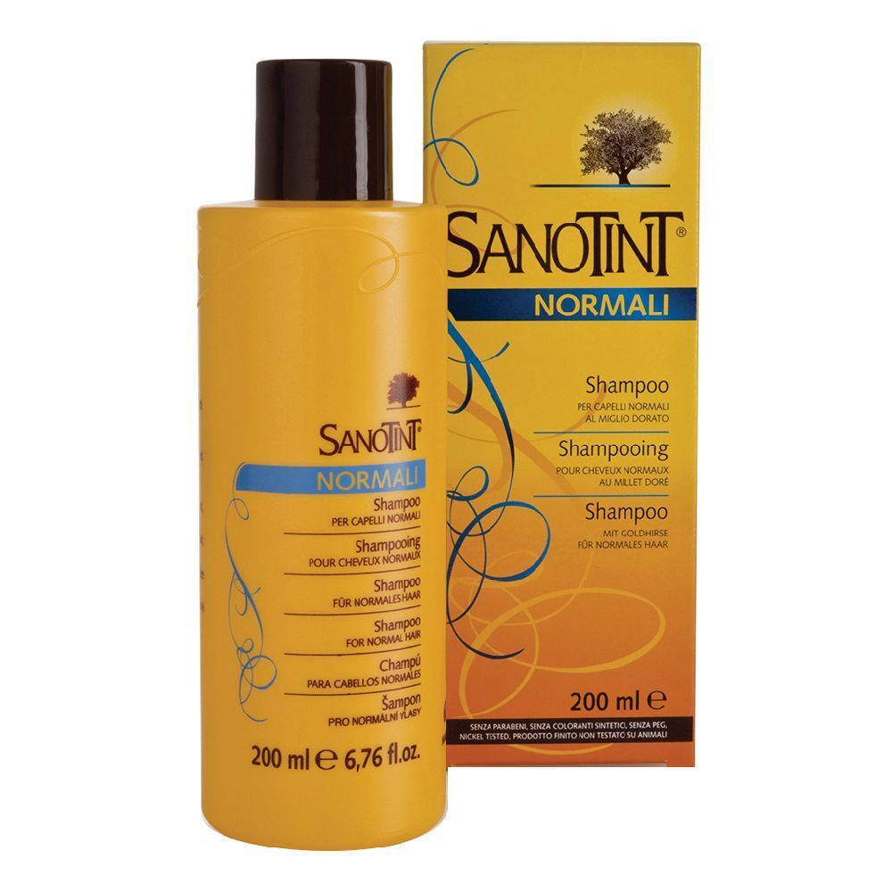 Flacone e scatola di shampoo gialli. Scritta: Sanotint Normali Shampoo. 200 ml.