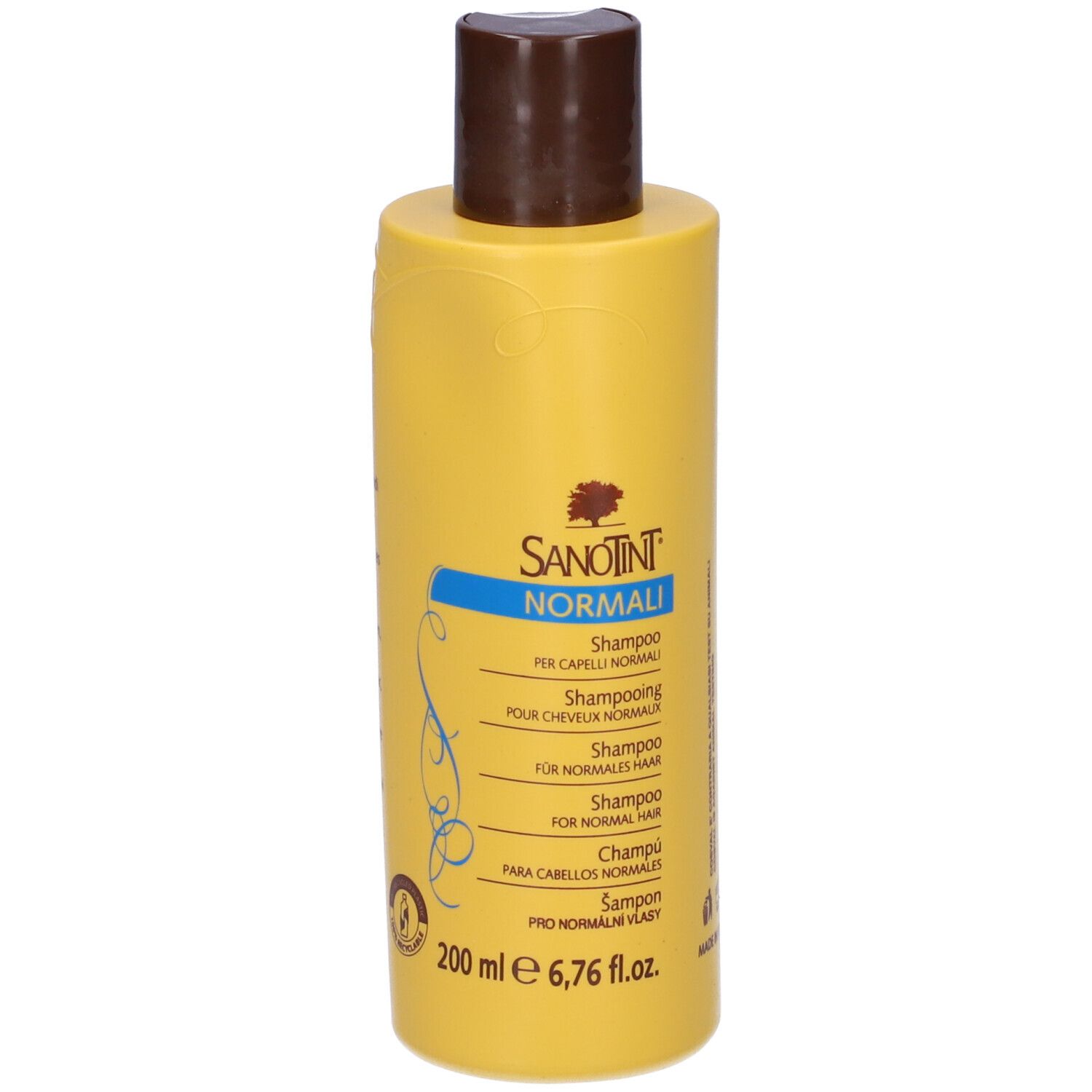 Flacone di shampoo giallo con tappo marrone. Scritta: Sanotint Normali. 200 ml.