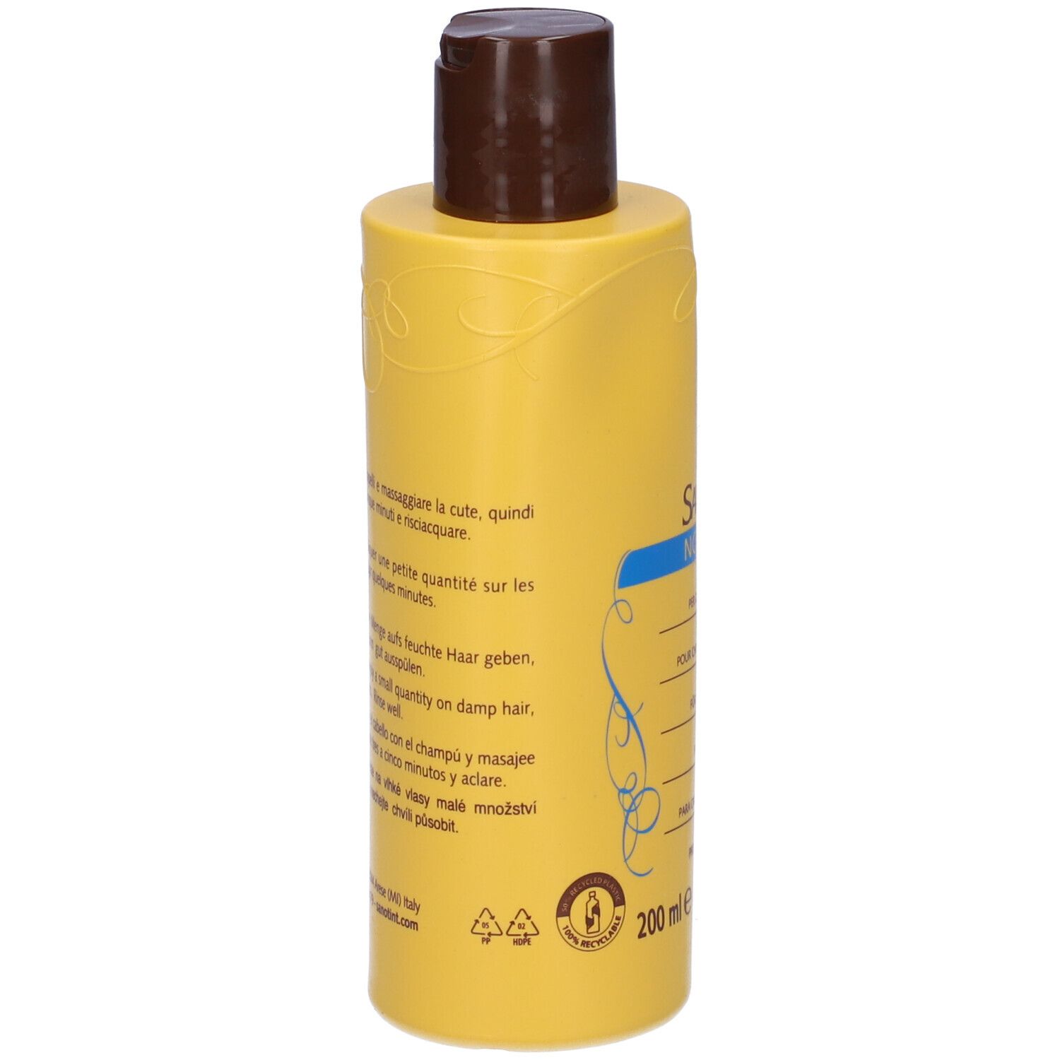 Retro del flacone di shampoo giallo. Testo multilingue. 200 ml.