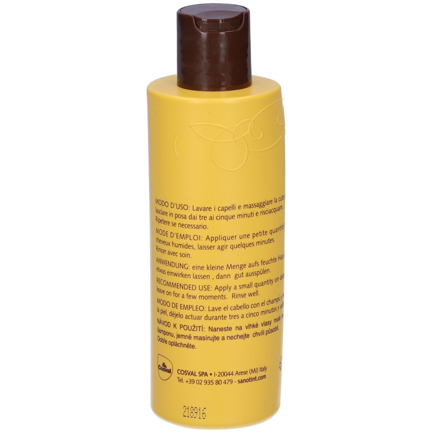 Retro del flacone di shampoo giallo. Testo multilingue. 200 ml.