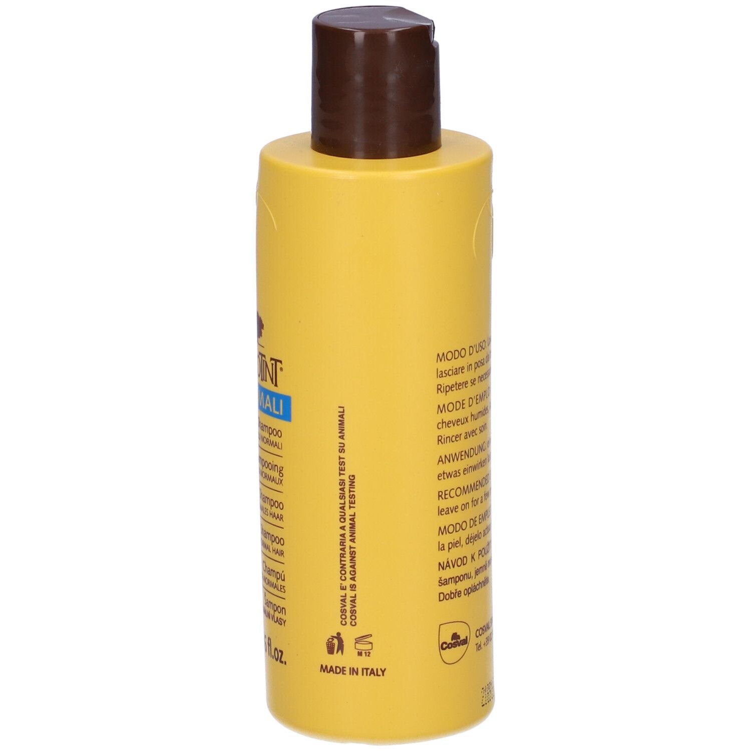 Retro del flacone di shampoo giallo. Testo multilingue. 200 ml.