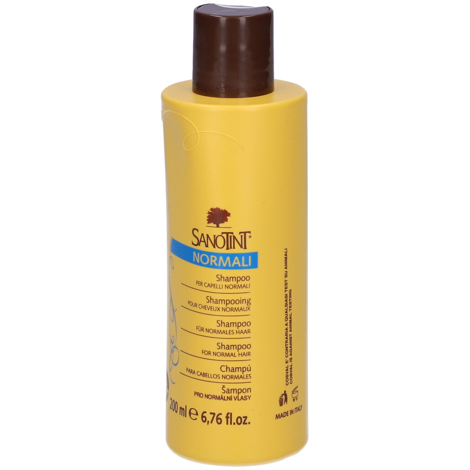 Retro del flacone di shampoo giallo. Testo multilingue. 200 ml.