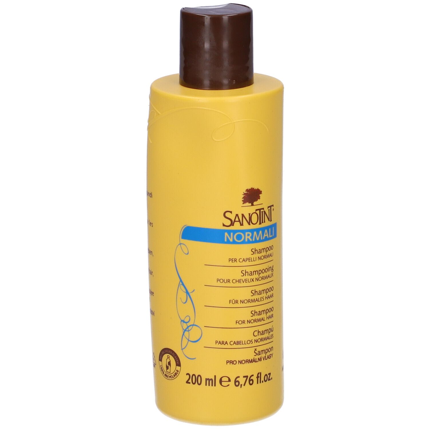 Flacone di shampoo giallo con tappo marrone. Scritta: Sanotint Normali. 200 ml.