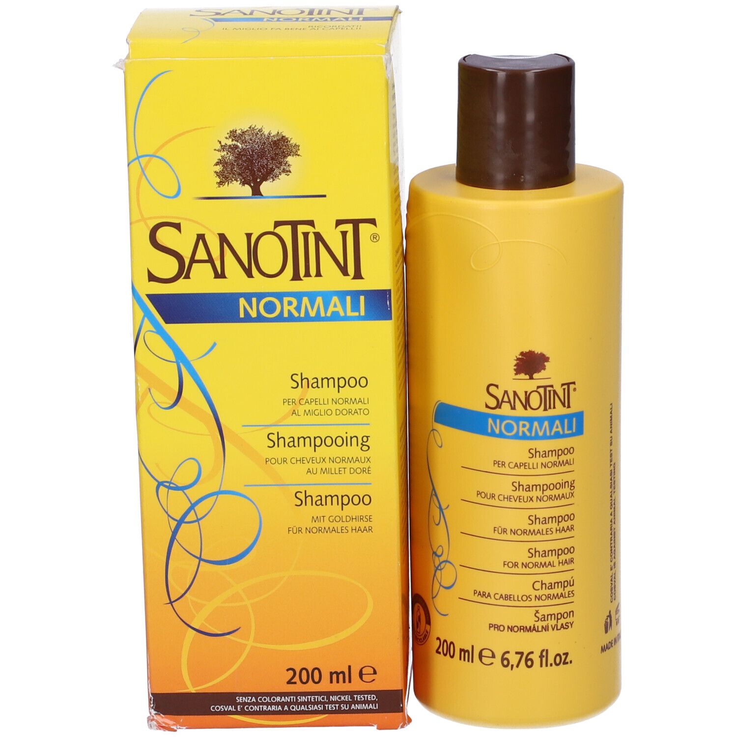 Flacone di shampoo giallo con tappo marrone. Scritta: Sanotint Normali. 200 ml.