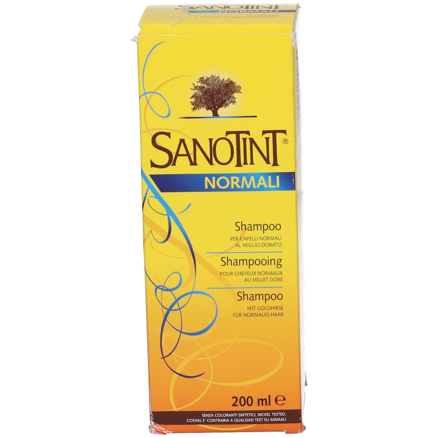 Confezione e flacone di shampoo gialli. Scritta: Sanotint Normali. 200 ml.