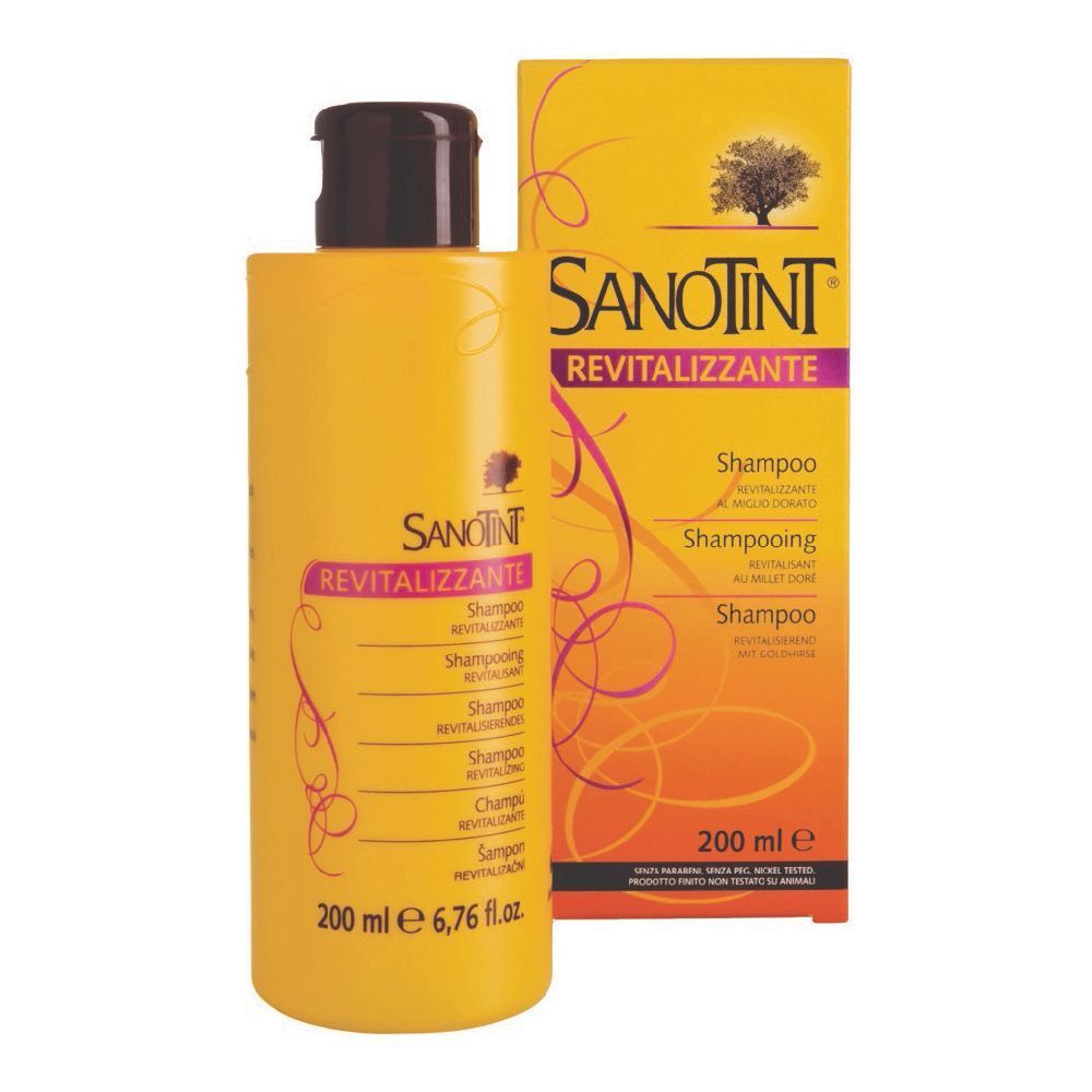 Flacone di shampoo giallo con tappo marrone e scatola. Scritta: Sanotint Revitalizzante. 200 ml.