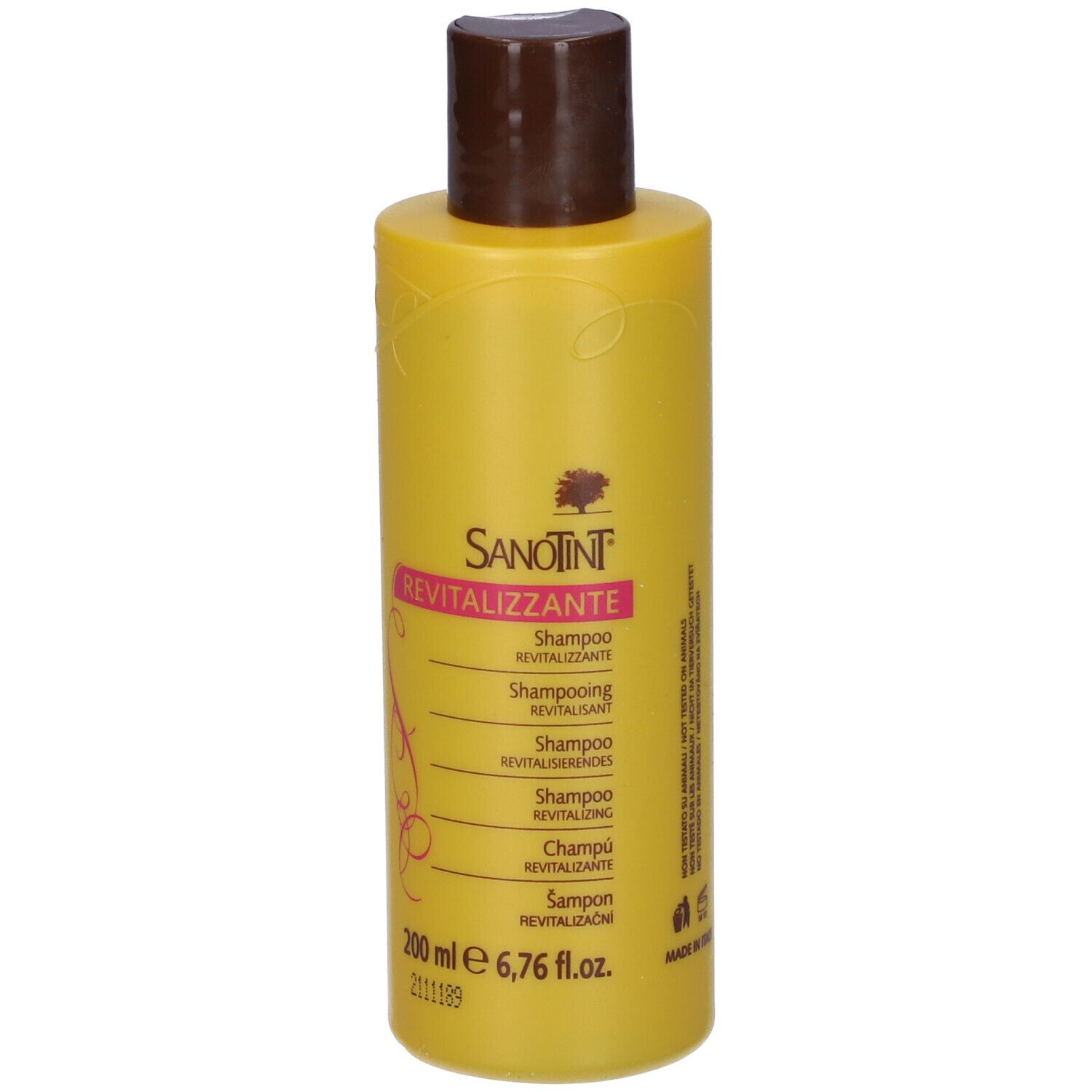 Flacone di shampoo giallo con tappo marrone. Scritta: Sanotint Revitalizzante. 200 ml.