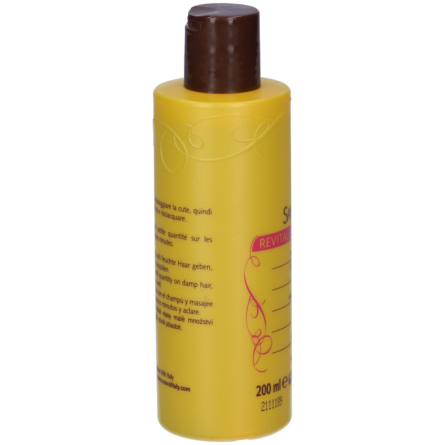 Flacone di shampoo giallo con tappo marrone. Retro con testo. 200 ml.