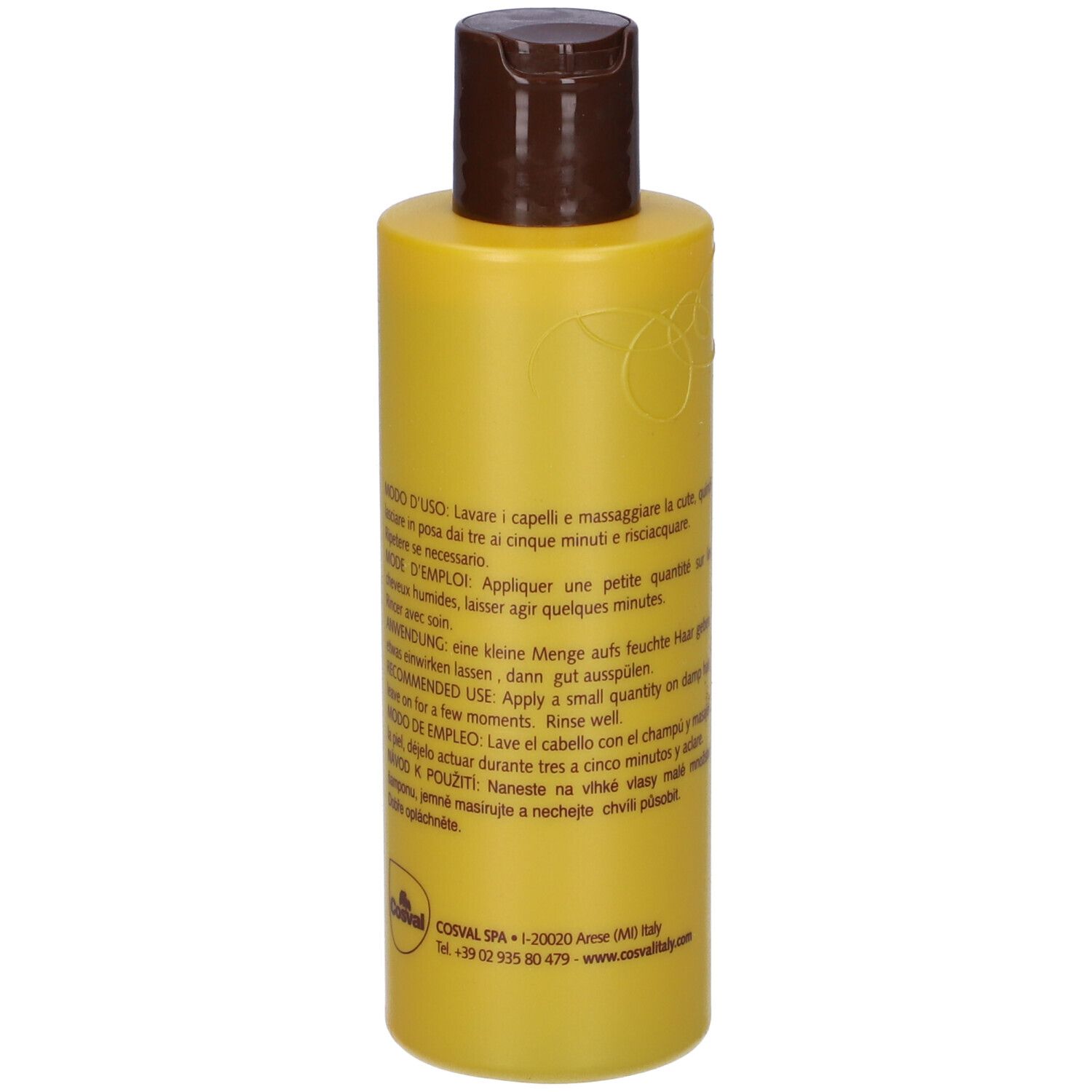 Flacone di shampoo giallo con tappo marrone. Retro con testo. 200 ml.