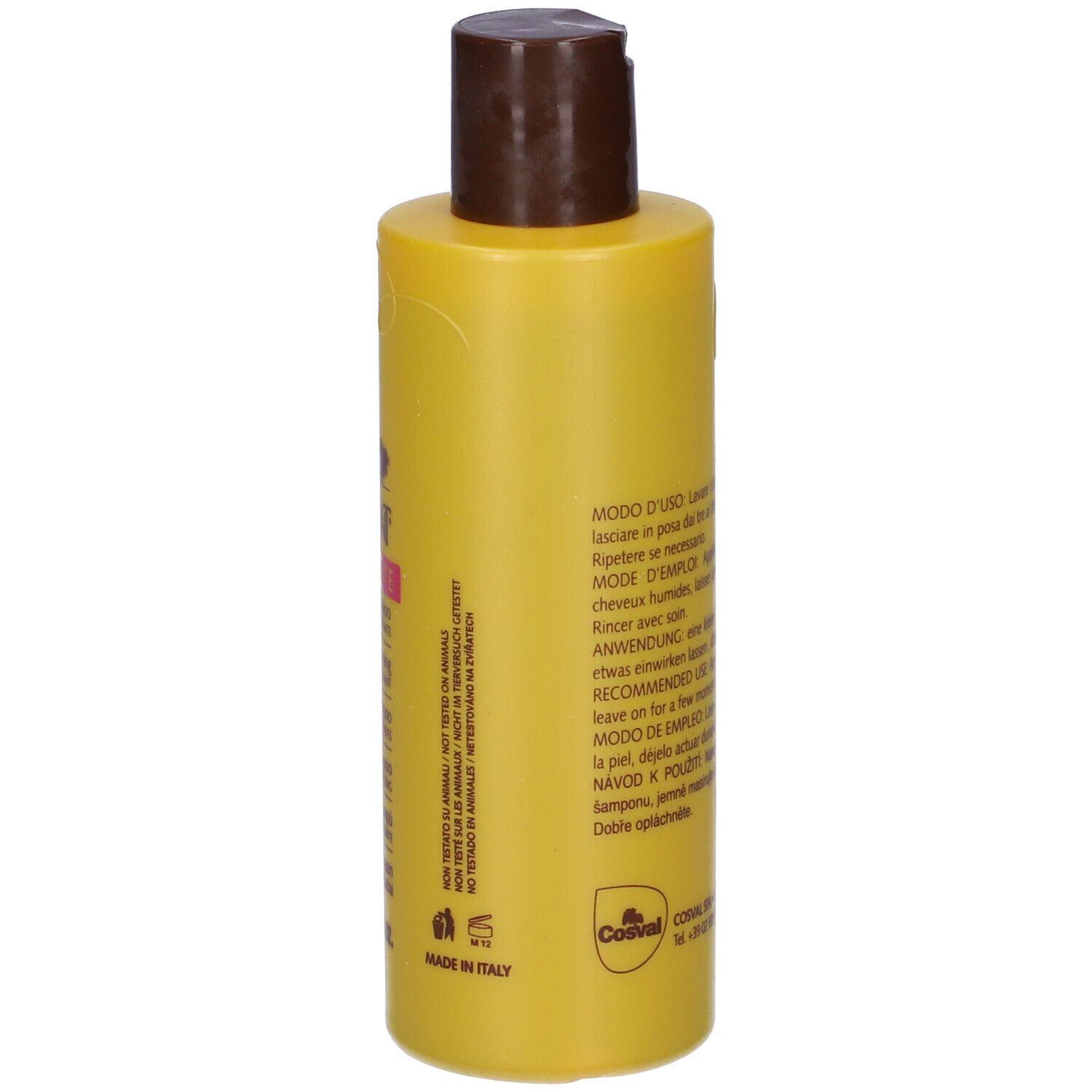 Flacone di shampoo giallo con tappo marrone. Retro con testo. 200 ml.