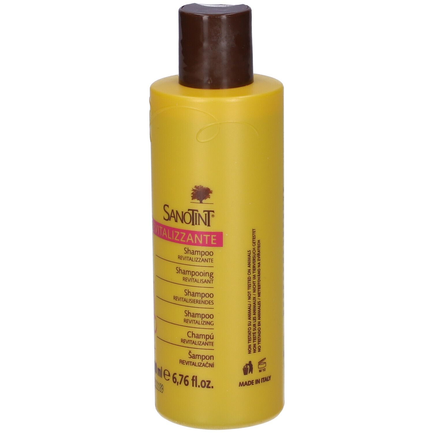 Flacone di shampoo giallo con tappo marrone. Scritta: Sanotint Revitalizzante. 200 ml.