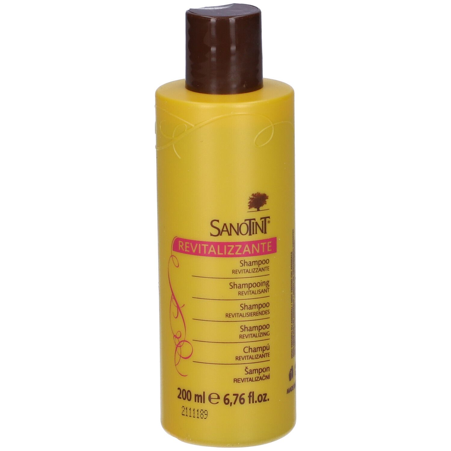 Flacone di shampoo giallo con tappo marrone. Scritta: Sanotint Revitalizzante. 200 ml.