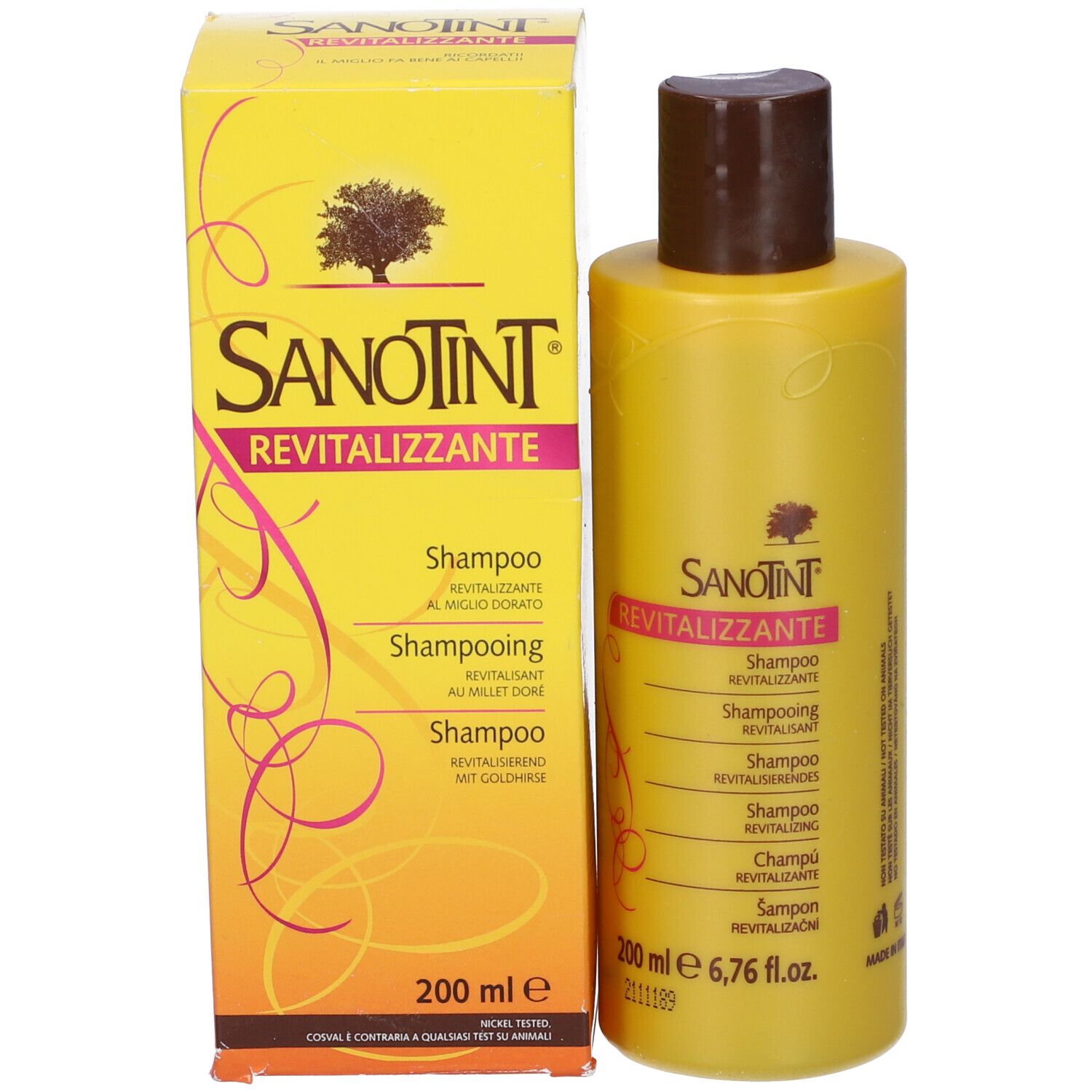 Flacone di shampoo giallo con tappo marrone e scatola. Scritta: Sanotint Revitalizzante. 200 ml.