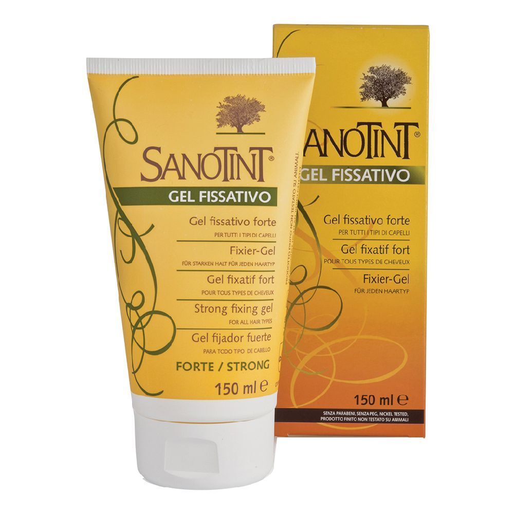 Tubo e scatola di gel. Scritta: SANOTINT GEL FISSATIVO. Gel fissativo forte, Strong fixing gel, Gel fijador fuerte. 150 ml.
