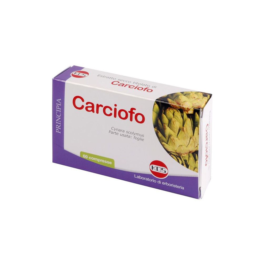 Scatola di Carciofo, 60 compresse. Immagine di un carciofo. Marchio KOS.