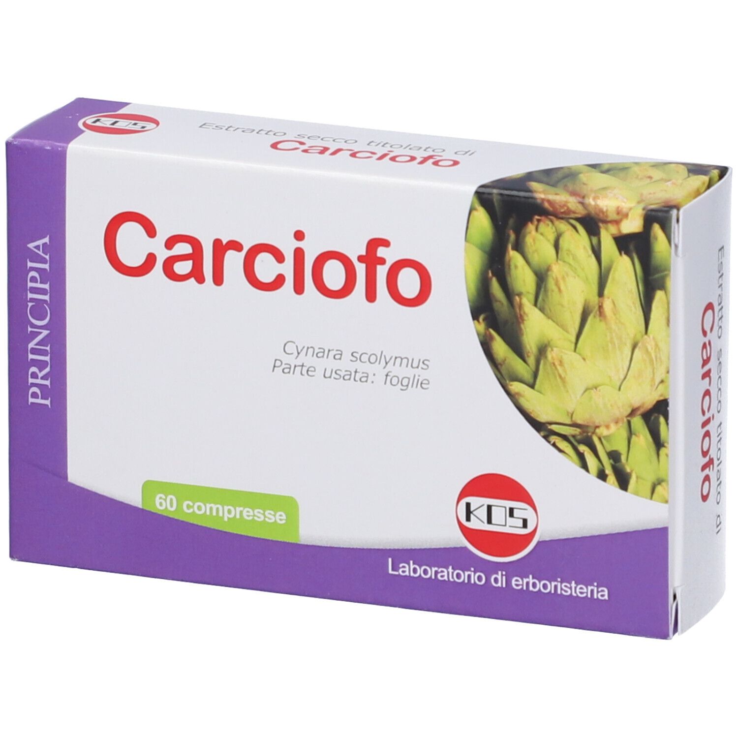 Scatola Carciofo, 60 compresse. Immagine di carciofo. Marchio KOS, Laboratorio di erboristeria.