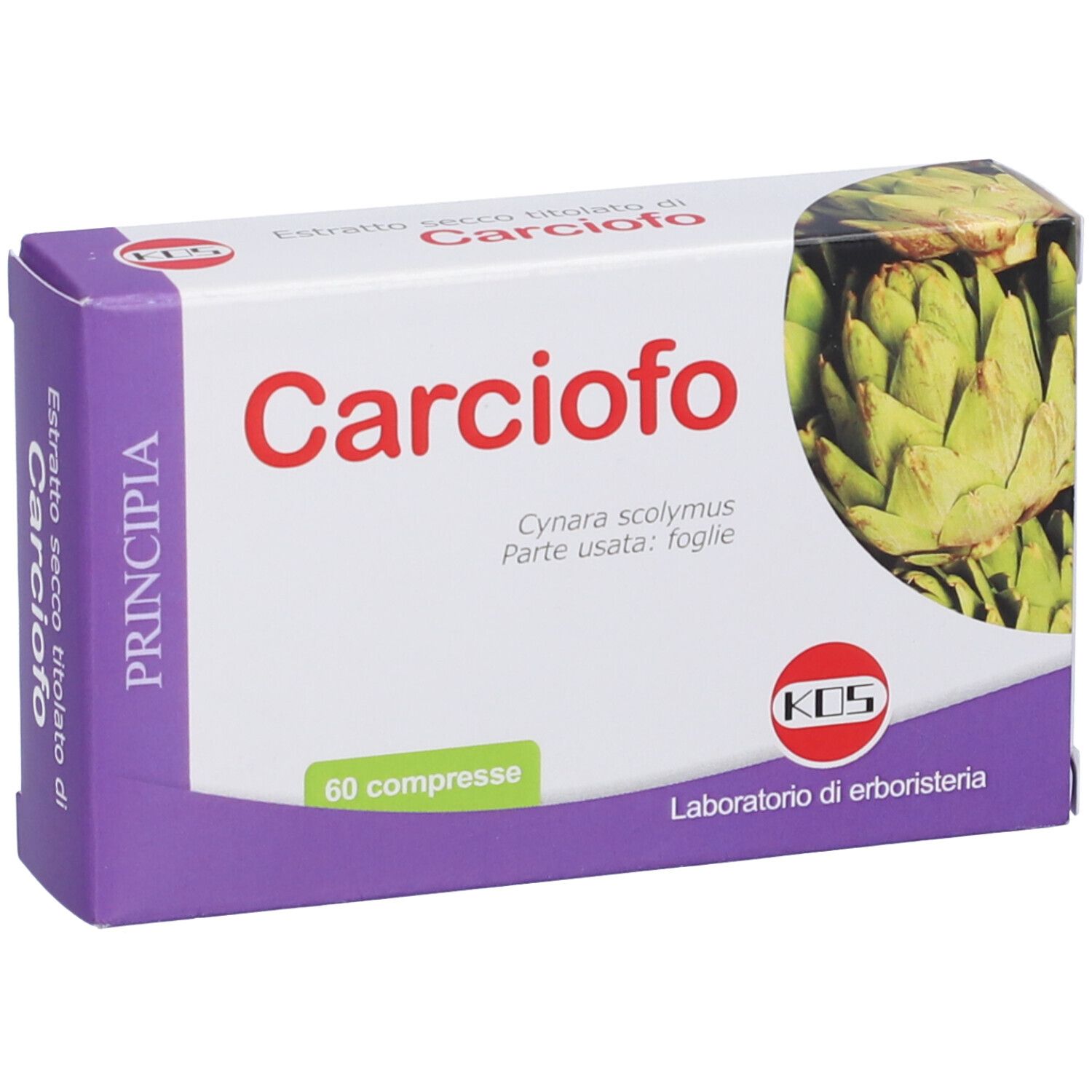 Scatola Carciofo, 60 compresse. Immagine di carciofo. Marchio KOS, Laboratorio di erboristeria.