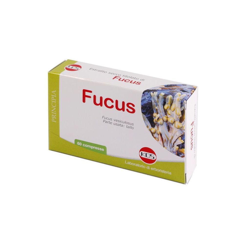 Scatola con scritta rossa Fucus, 60 compresse. Logo KOS. Sfondo con immagine di alghe.