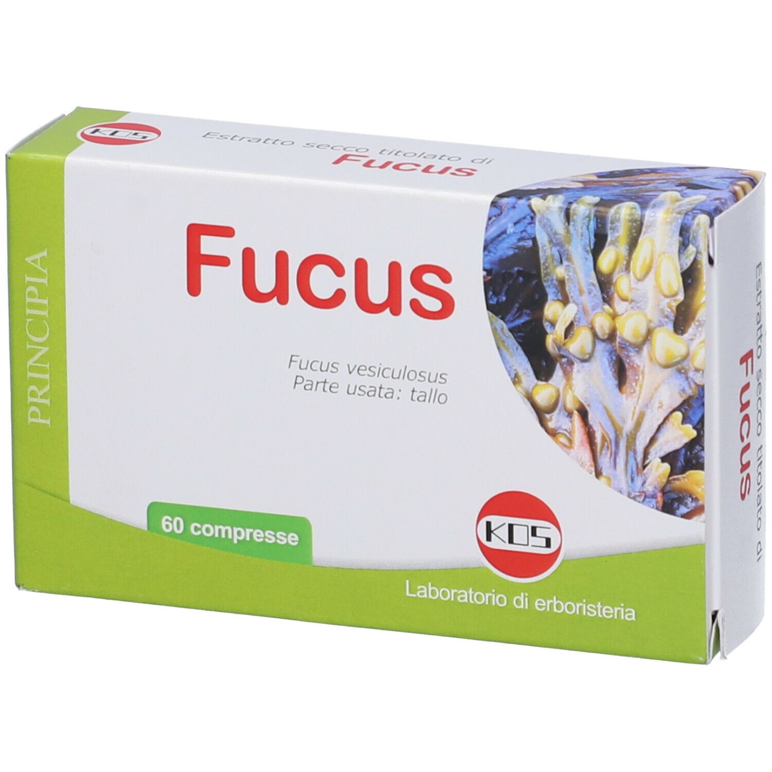 Scatola con scritta rossa Fucus, 60 compresse. Logo KOS. Sfondo con immagine di alghe.