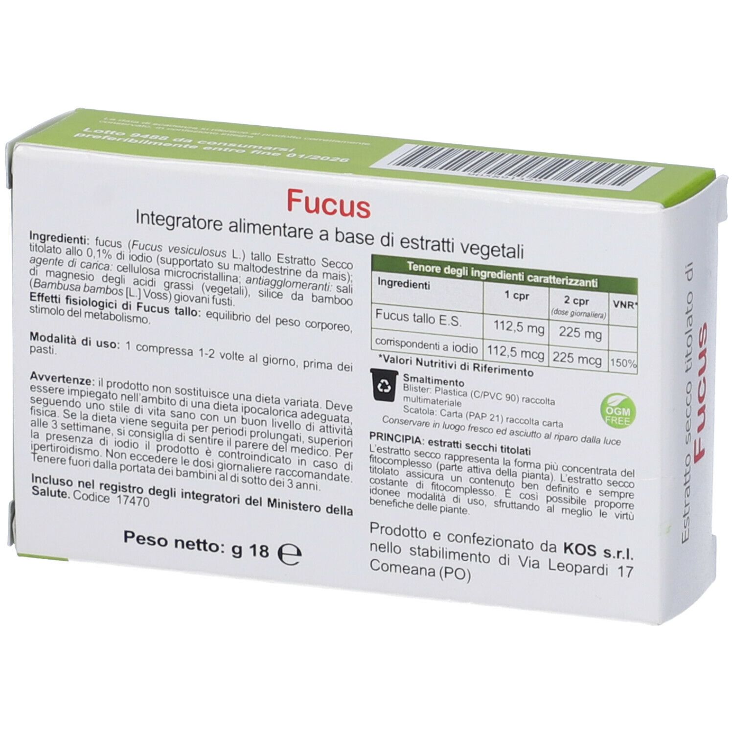 Retro della scatola Fucus. Testo con ingredienti e informazioni nutrizionali. Logo KOS.