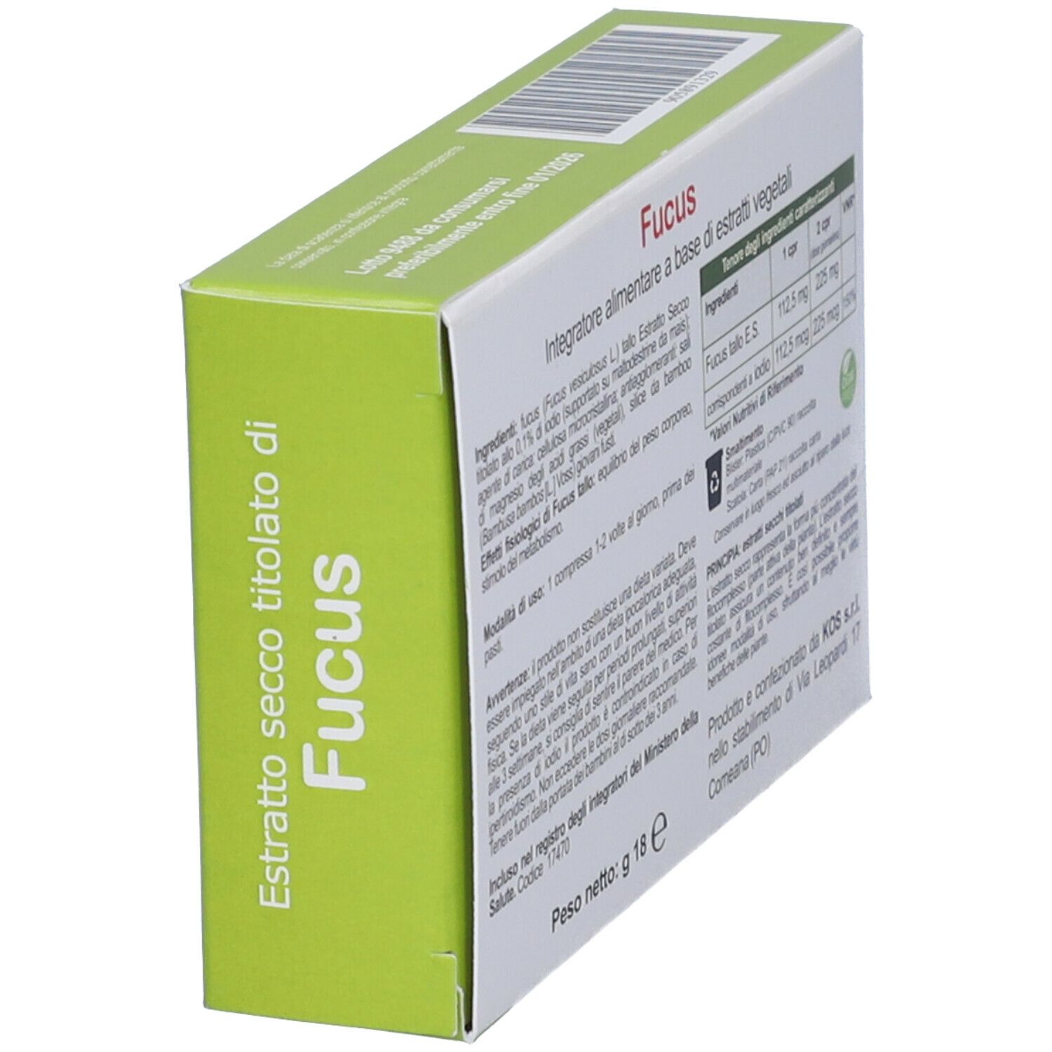 Lato verde della scatola Fucus con testo. Logo KOS. Testo: Estratto secco titolato di Fucus.