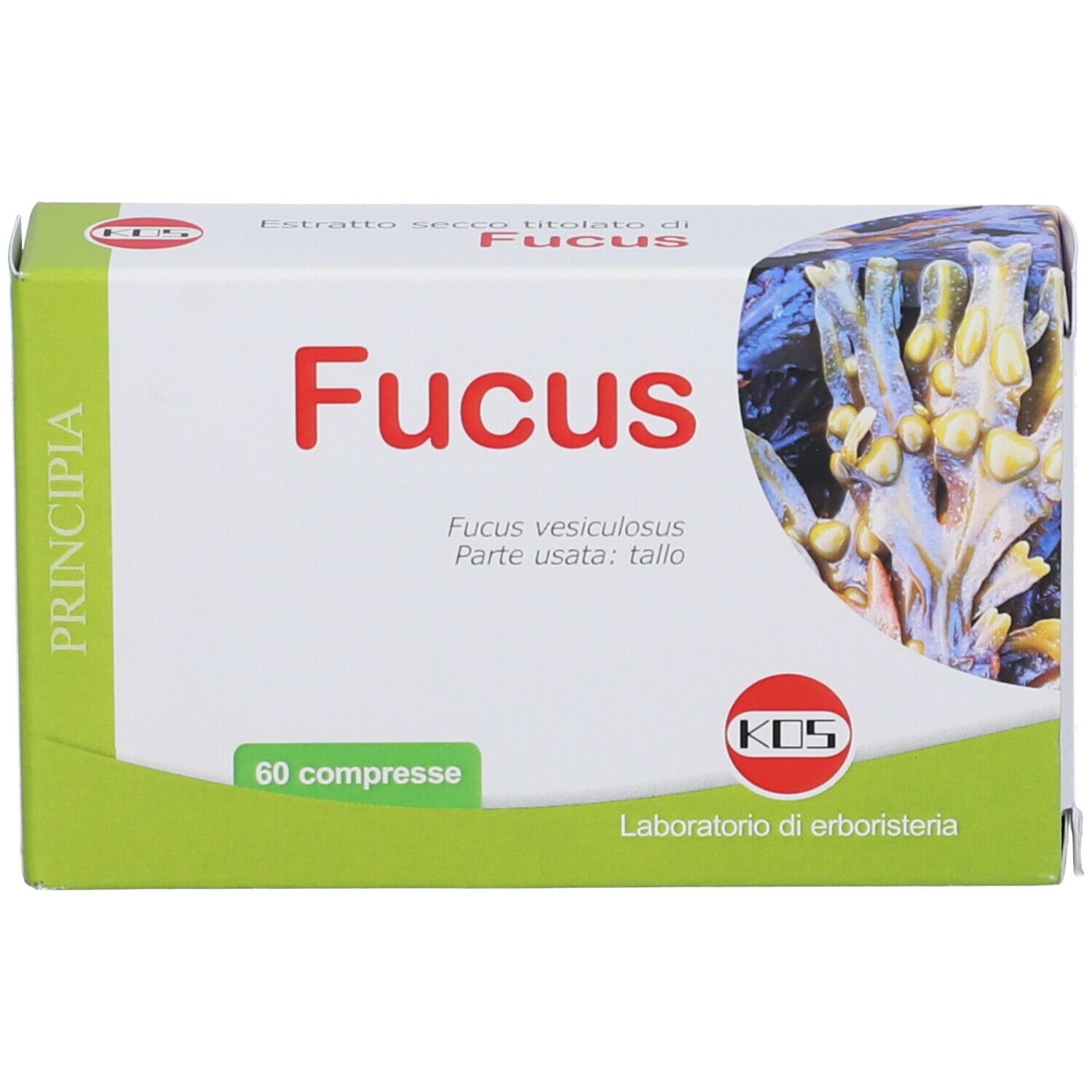 Scatola con scritta rossa Fucus, 60 compresse. Logo KOS. Sfondo con immagine di alghe.