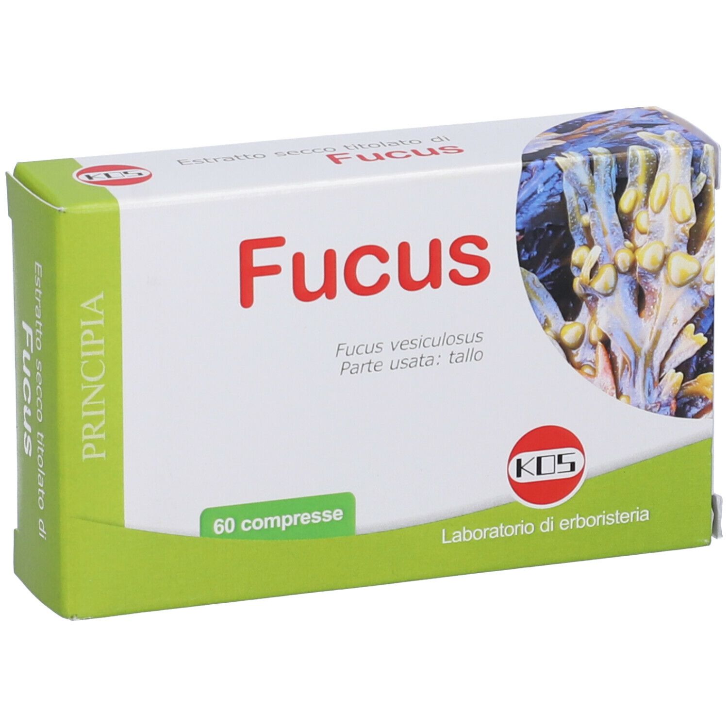 Scatola con scritta rossa Fucus, 60 compresse. Logo KOS. Sfondo con immagine di alghe.