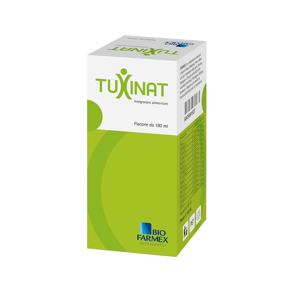 Confezione di Tuxinat. Scatola bianca con area verde. Scritta: Tuxinat, Integratore alimentare. Flacone da 180 ml. Logo Bio Farmex.