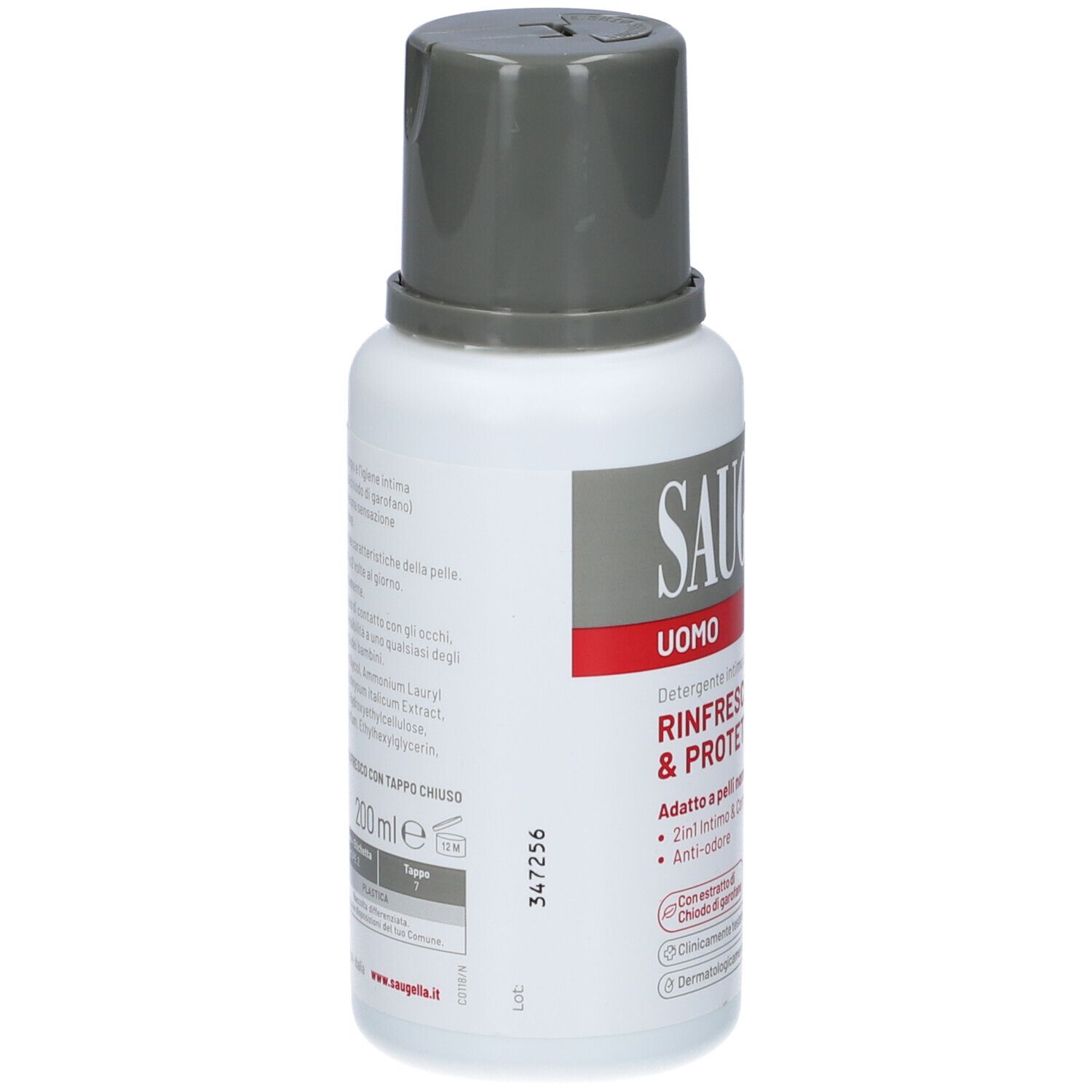 Saugella Uomo: Rückseite der Flasche mit Produktinformationen und 200ml Angabe.
