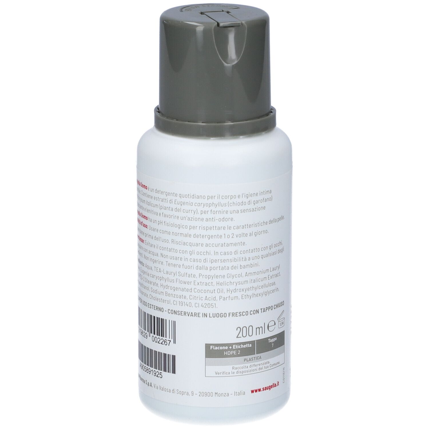 Saugella Uomo: Seitenansicht der Flasche mit detaillierten Inhaltsstoffen und 200ml Angabe.
