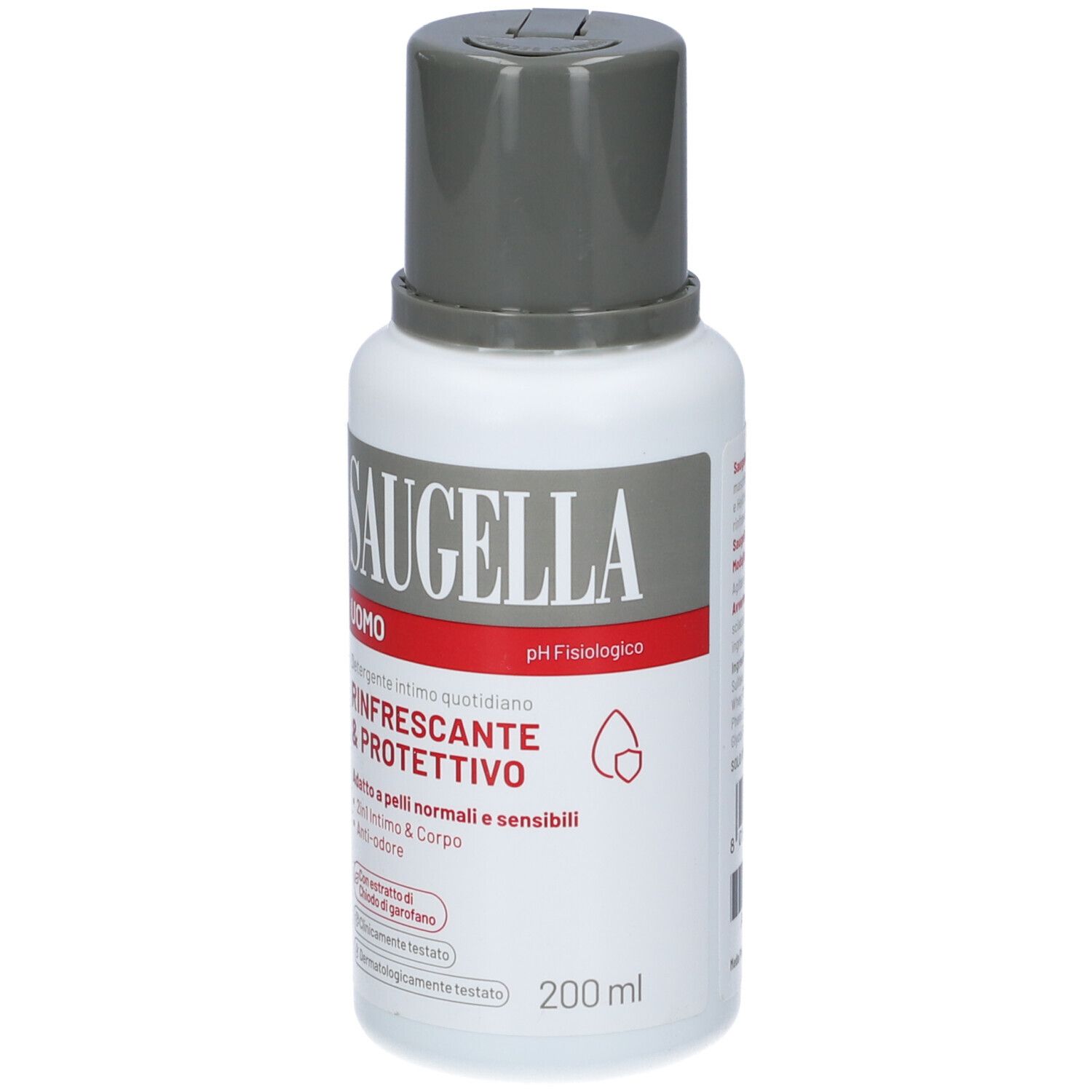Saugella Uomo: Frontansicht des erfrischenden und schützenden Intimwaschmittels, 200ml.